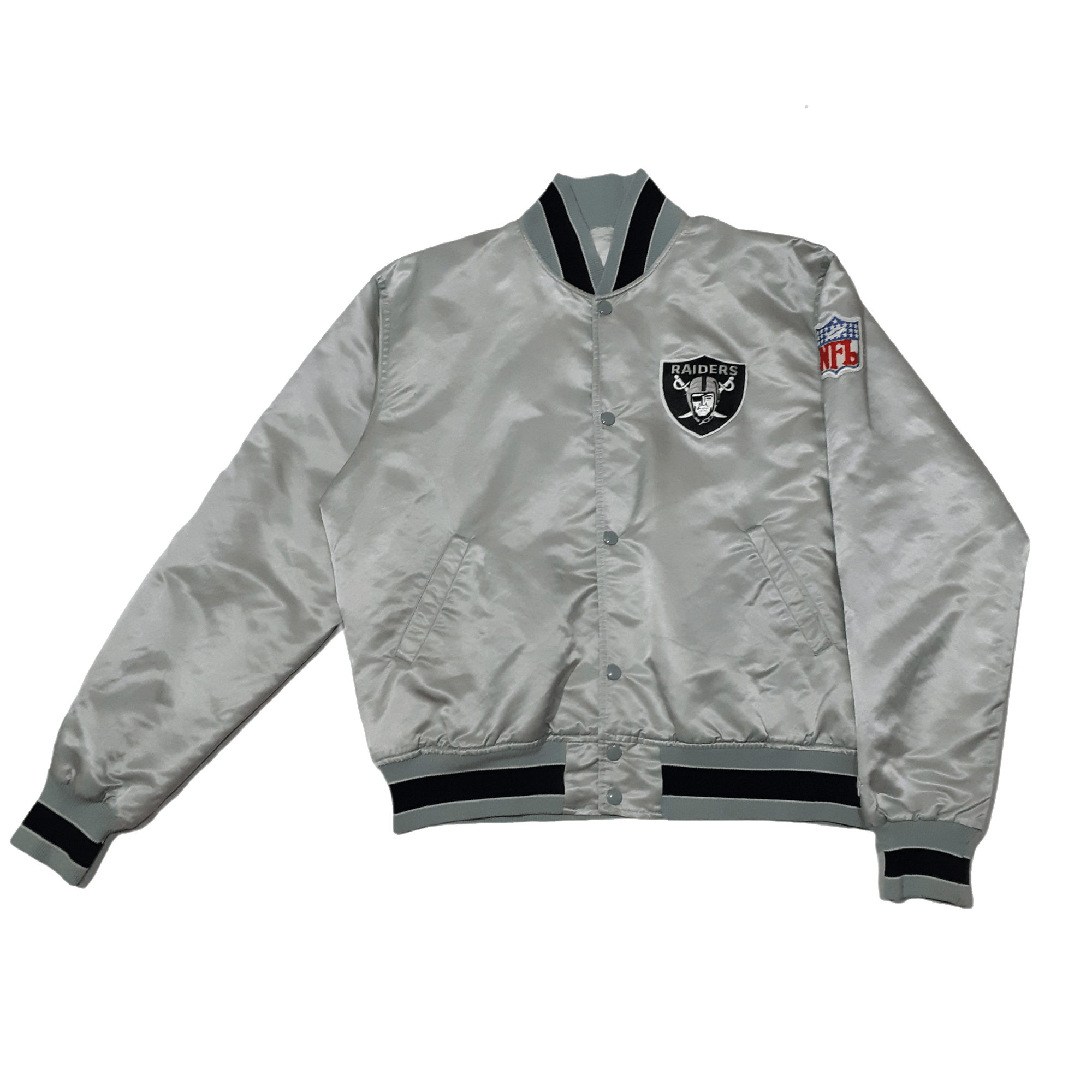 image of Oakland Raiders x Starter Vintage 80's Raiders Nfl Starter Varsity Jacket in Light Gray (Size Large