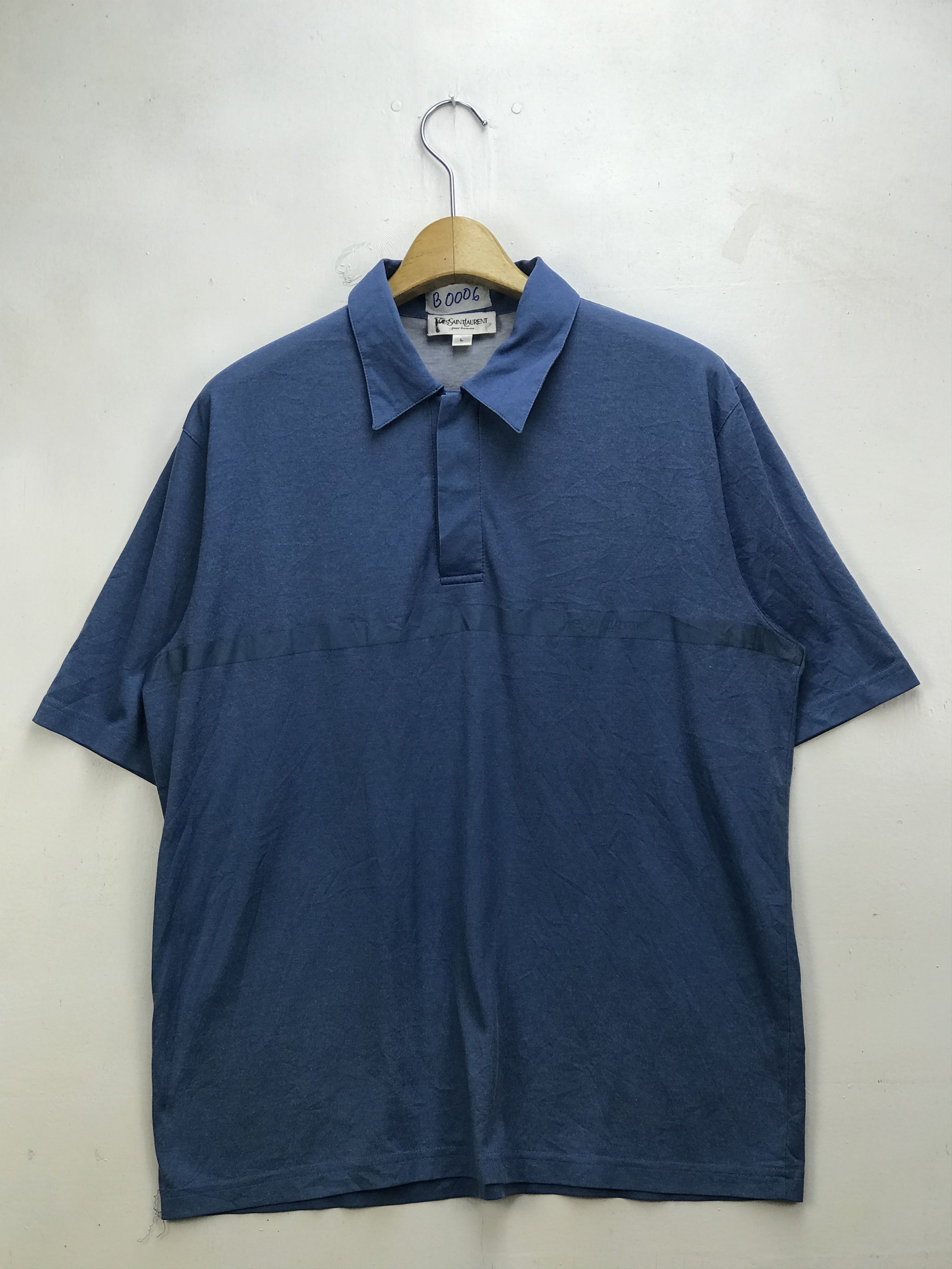 image of Archival Clothing x YVES Saint Laurent Spellout Polo Shirt in Blue, Men's (Size Large)
