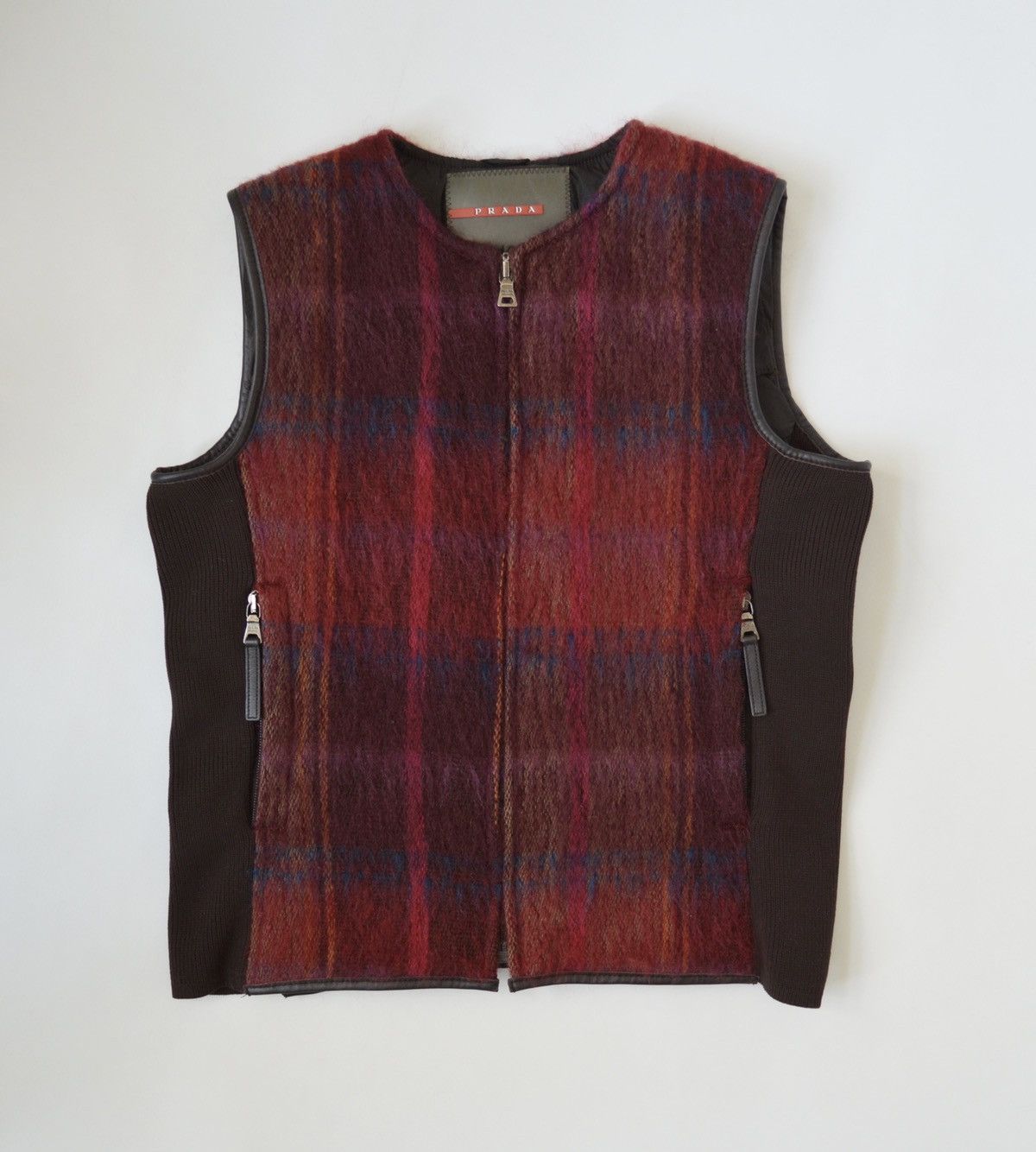 image of Prada Check Mohair Utility Vest in Burgundy, Women's (Size Small)