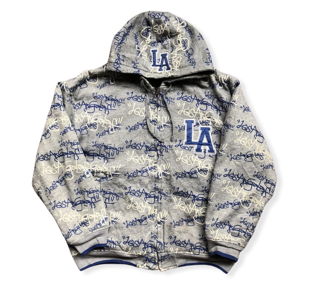 Image of La x Los Angeles Dodgers Vintage Distressed Los Angeles Fullprint Zipper Hoodie in Grey (Size XL)