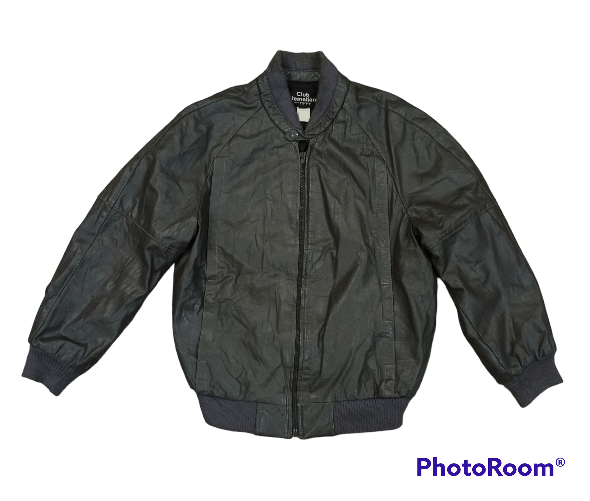 image of Vintage Bomber Leather Jacket Club International By Tip Top in Green, Men's (Size Medium)