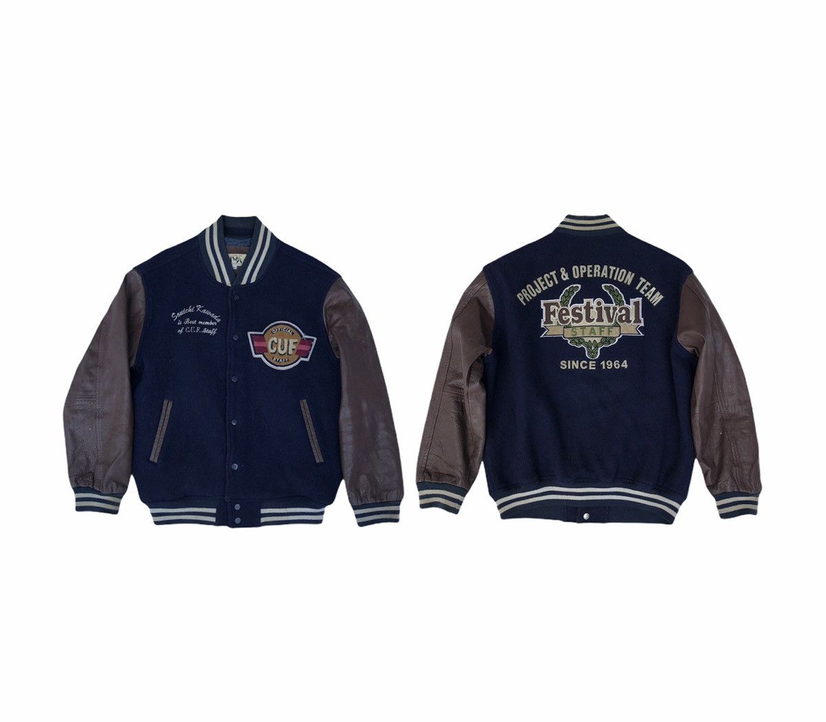 Japanese Brand Vintage C. U. F Staff Team Leather Sleeve Varsity Jacket Size US M / EU 48-50 / 2 - 1 Thumbnail