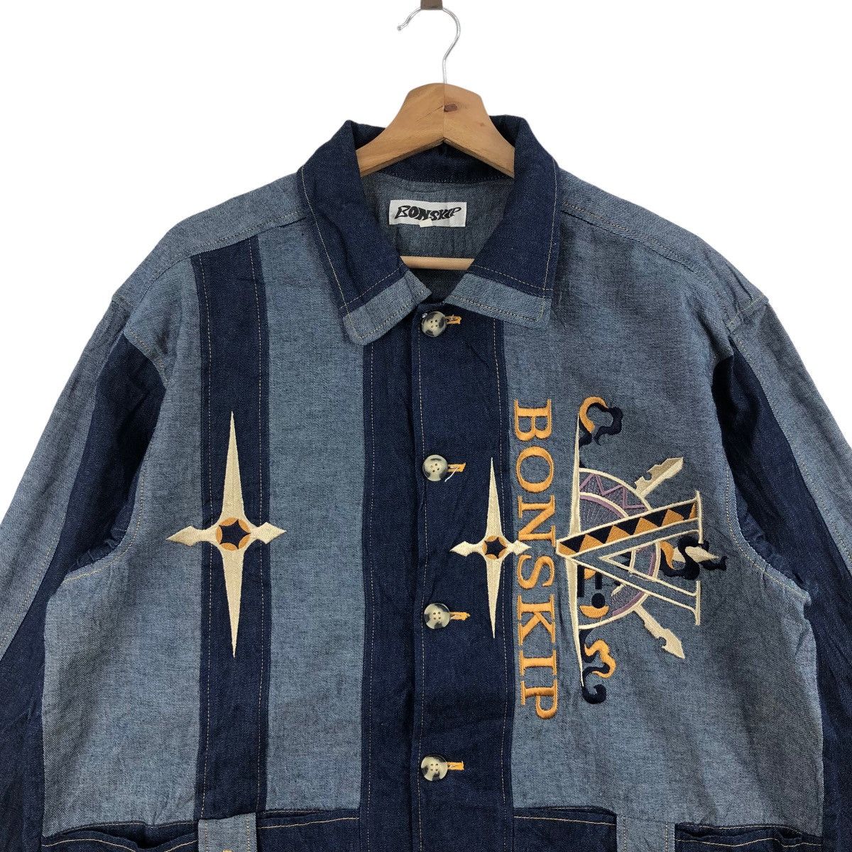 Japanese Brand Vintage BONSKIP Denim Jacket Big Logo Embroidered British Size US L / EU 52-54 / 3 - 2 Thumbnail