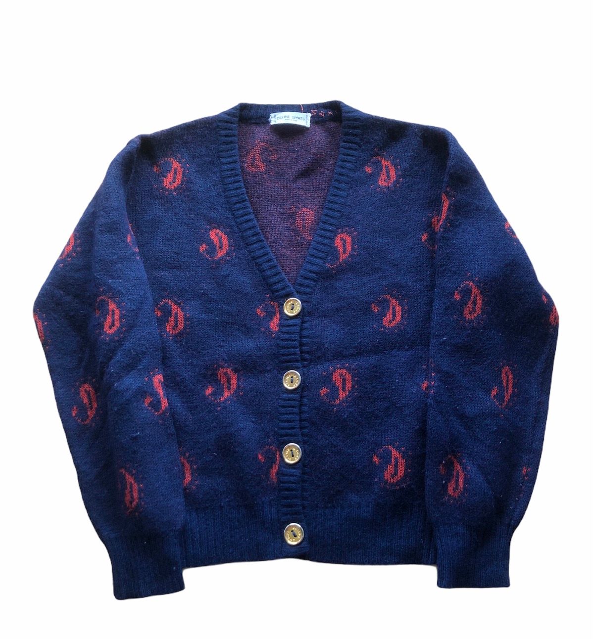 image of 1980S Celine Paisley Wool Knitted Cardigan in Navy/Red, Women's (Size Small)