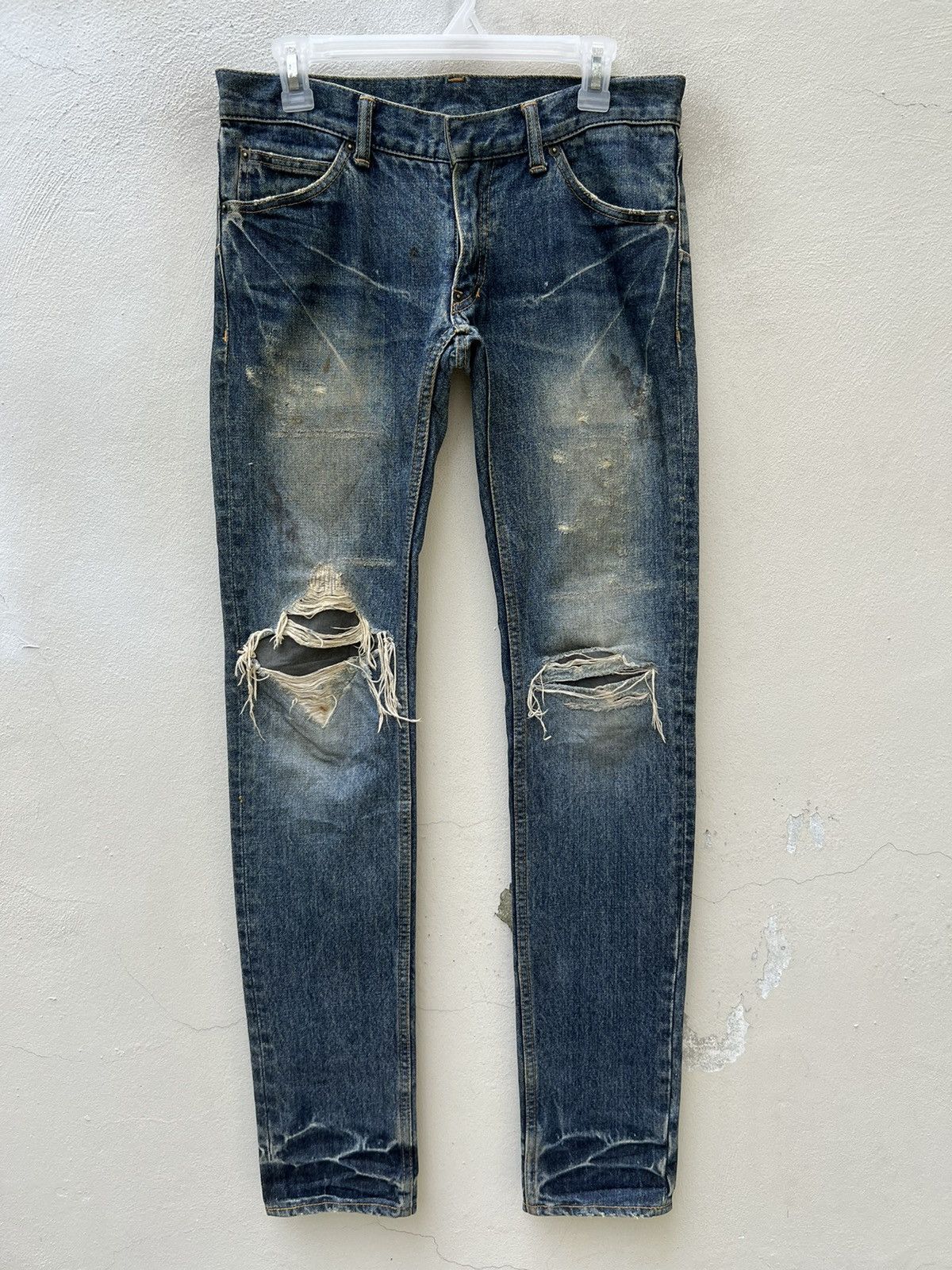image of Trashed Vintage Pledge Japan Dirty Mud Denim Ripped Jeans, Men's (Size 30)