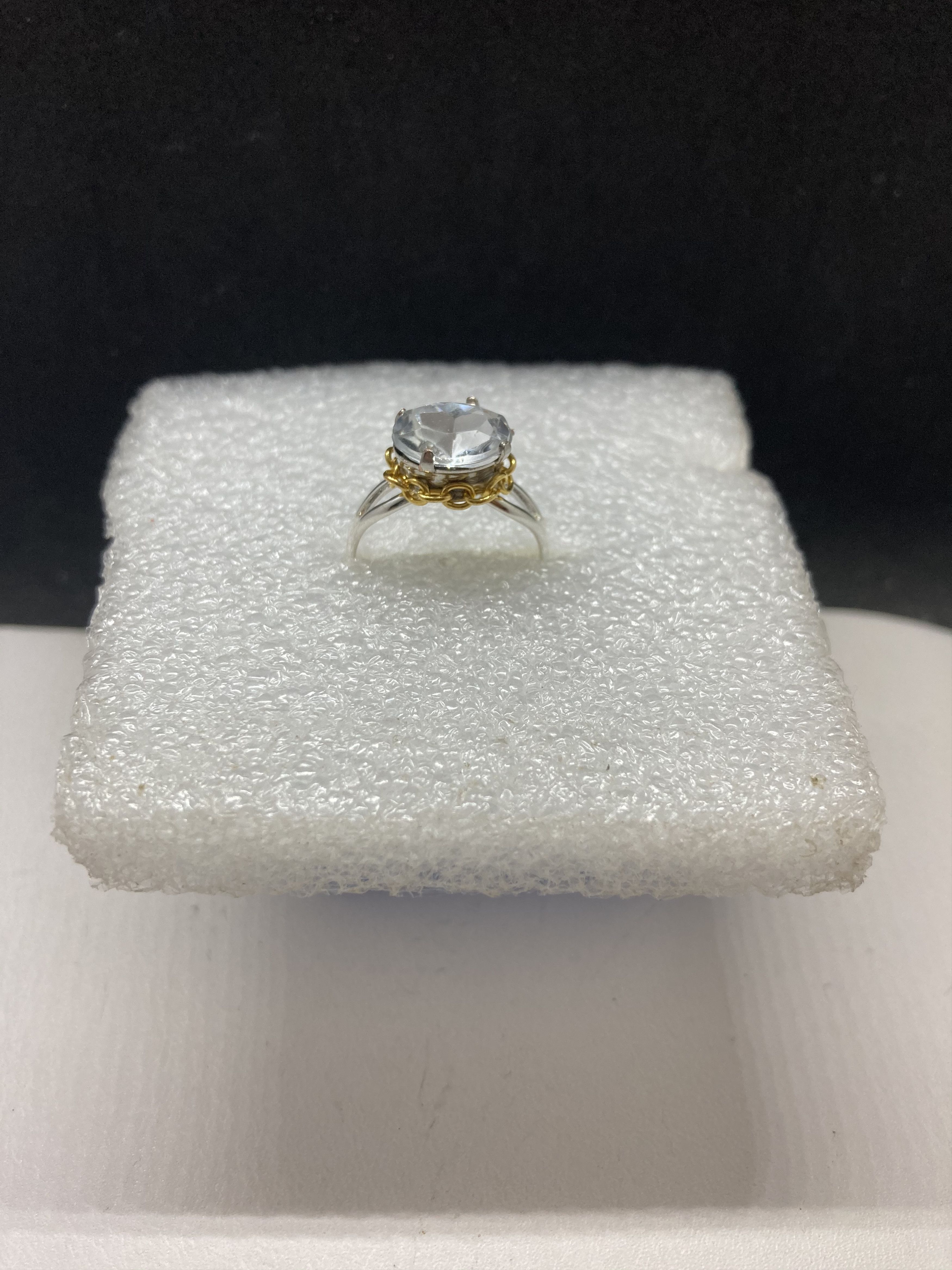 Handmade Clear Cz Stainless Steel Ring with gold chain - size 6.25 Size ONE SIZE - 2 Thumbnail