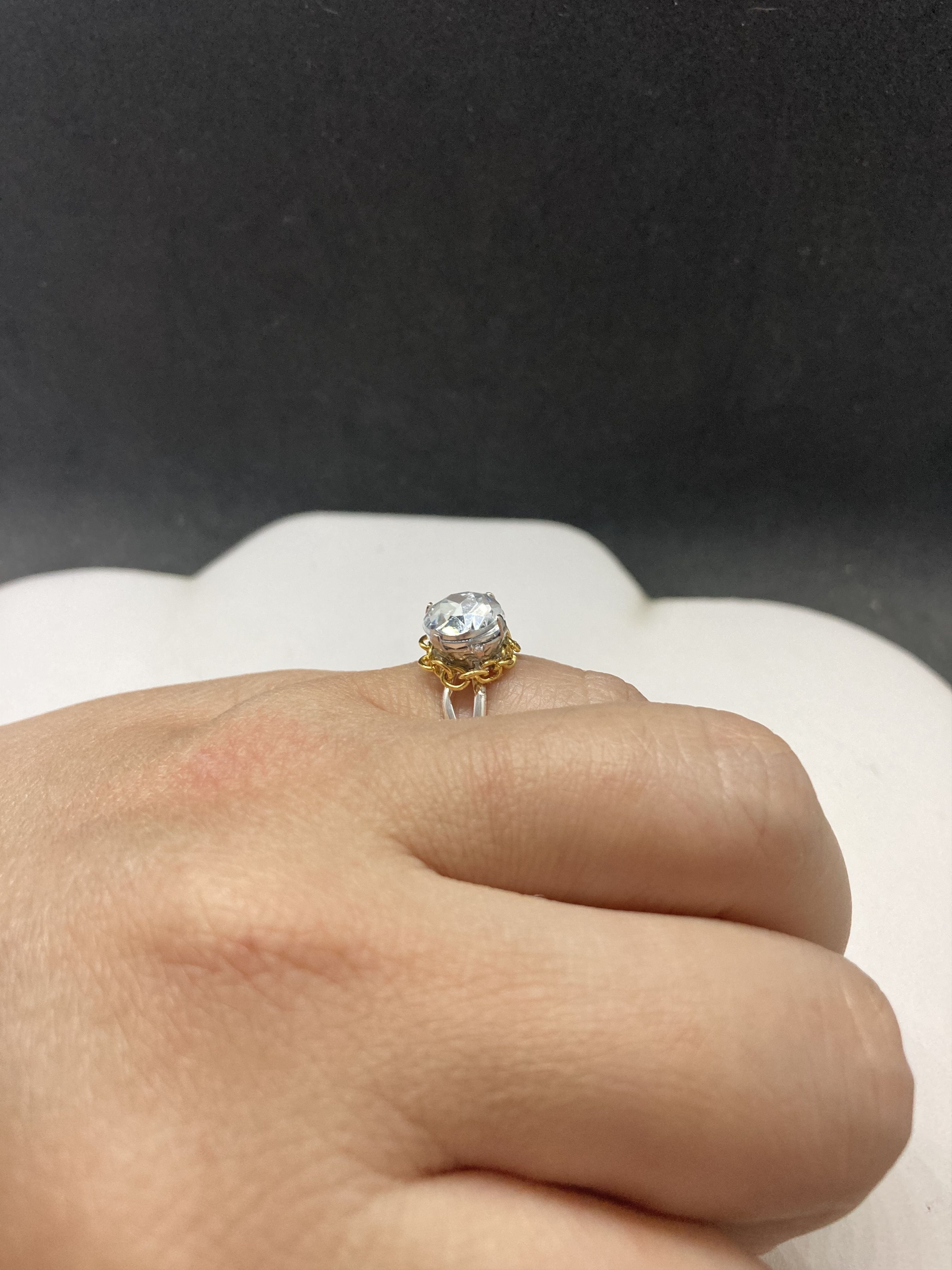 Handmade Clear Cz Stainless Steel Ring with gold chain - size 6.25 Size ONE SIZE - 4 Thumbnail