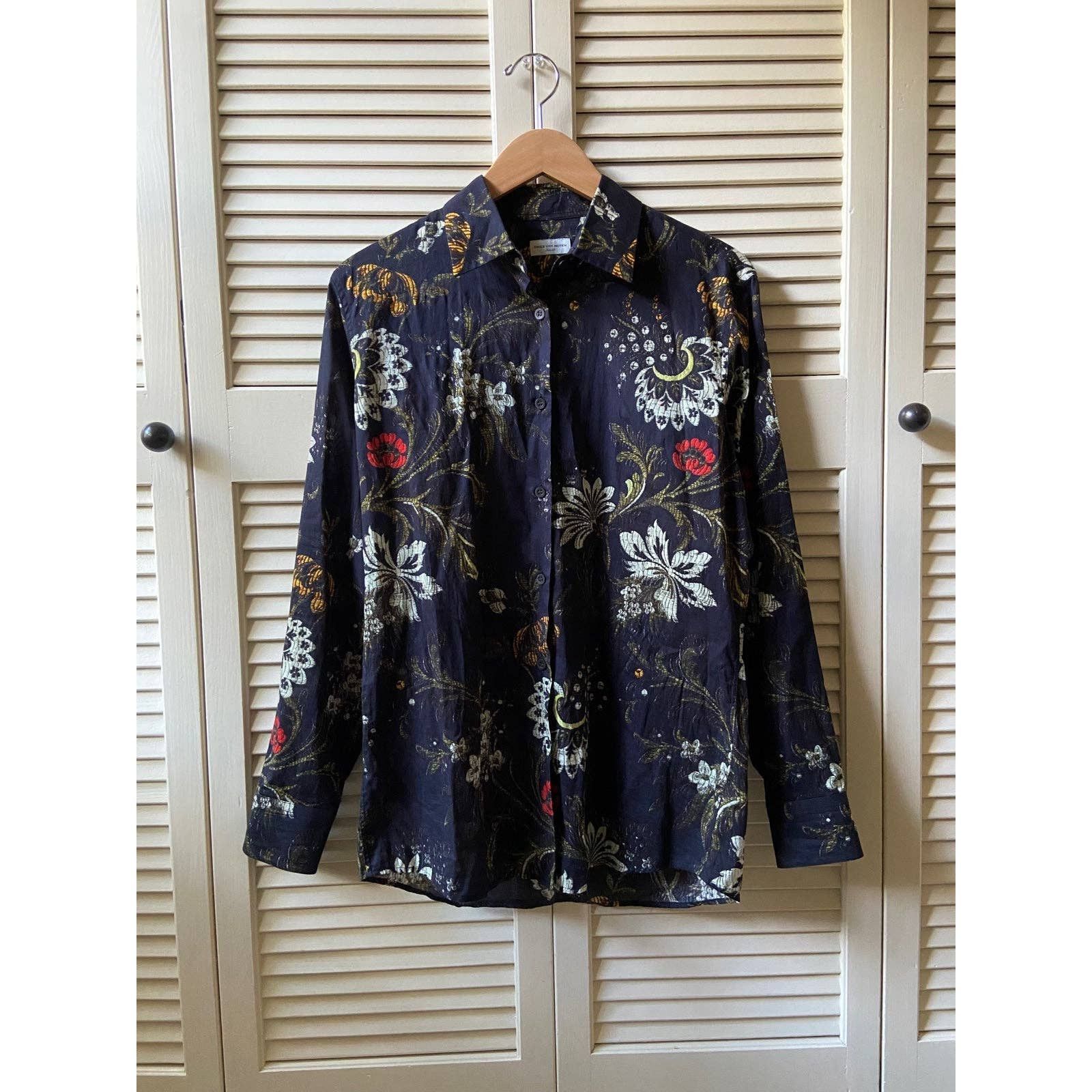 image of Dries Van Noten Button Up Black Floral Flower Print Shirt 38, Men's (Size Small)