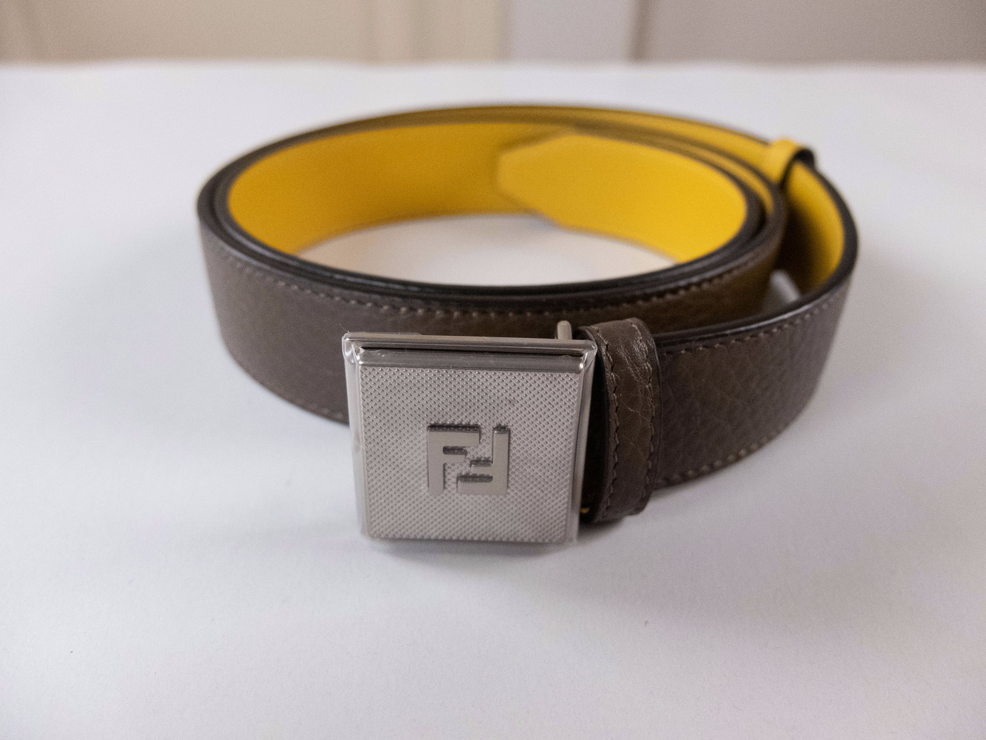 image of Fendi Brown & Yellow Reversible Ff Monogram Buckle Belt 90, Men's (Size 34)