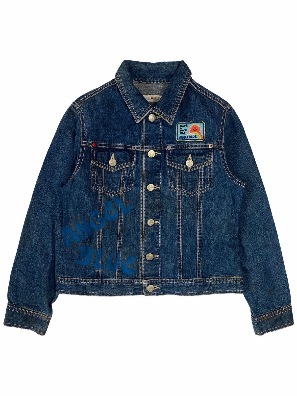 Japanese Brand 90s Angel Blue Printed Spray Apple Denim Jacket Size US XS / EU 42 / 0 - 2 Thumbnail