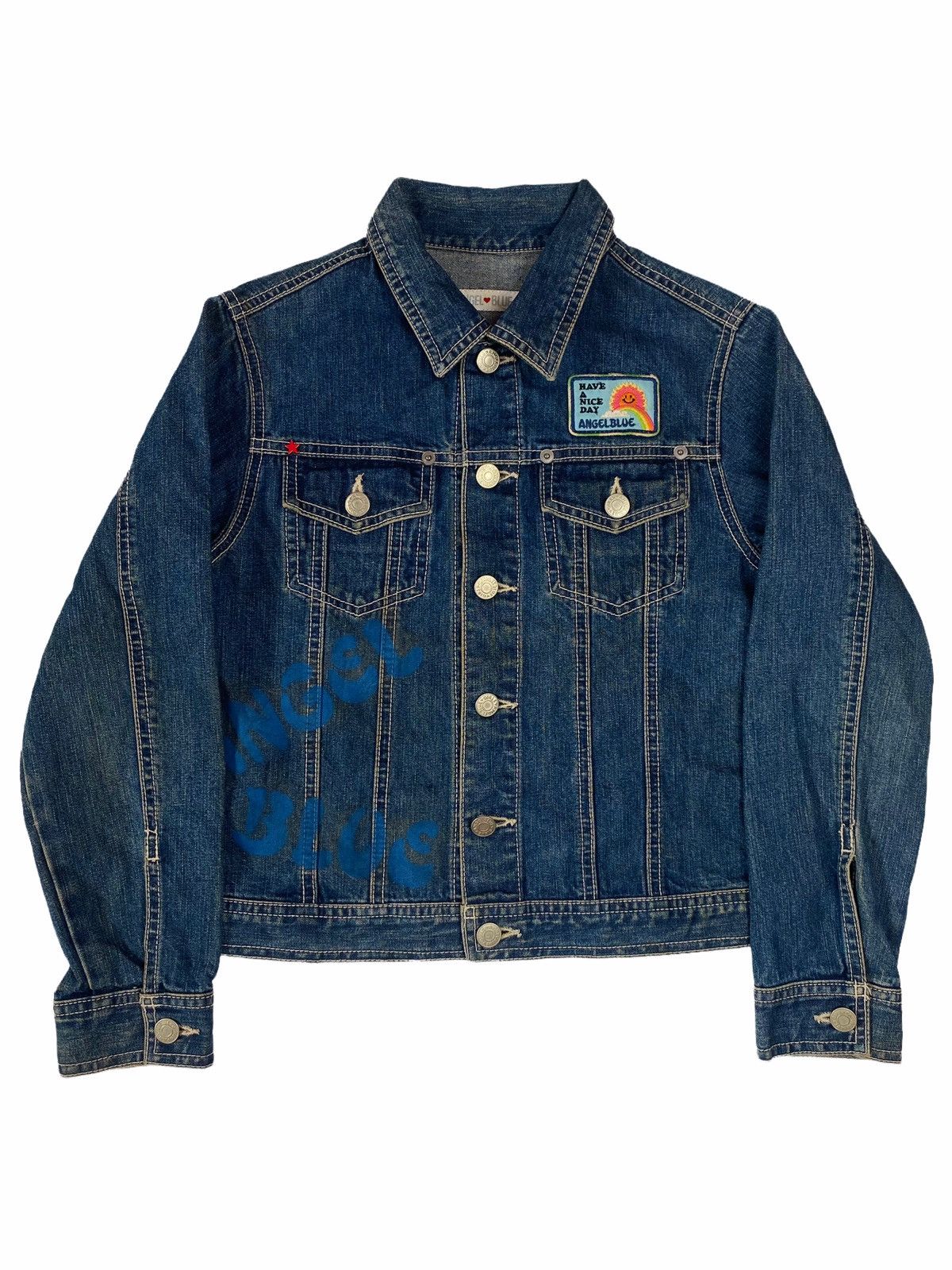 Japanese Brand 90s Angel Blue Printed Spray Apple Denim Jacket Size US XS / EU 42 / 0 - 6 Thumbnail