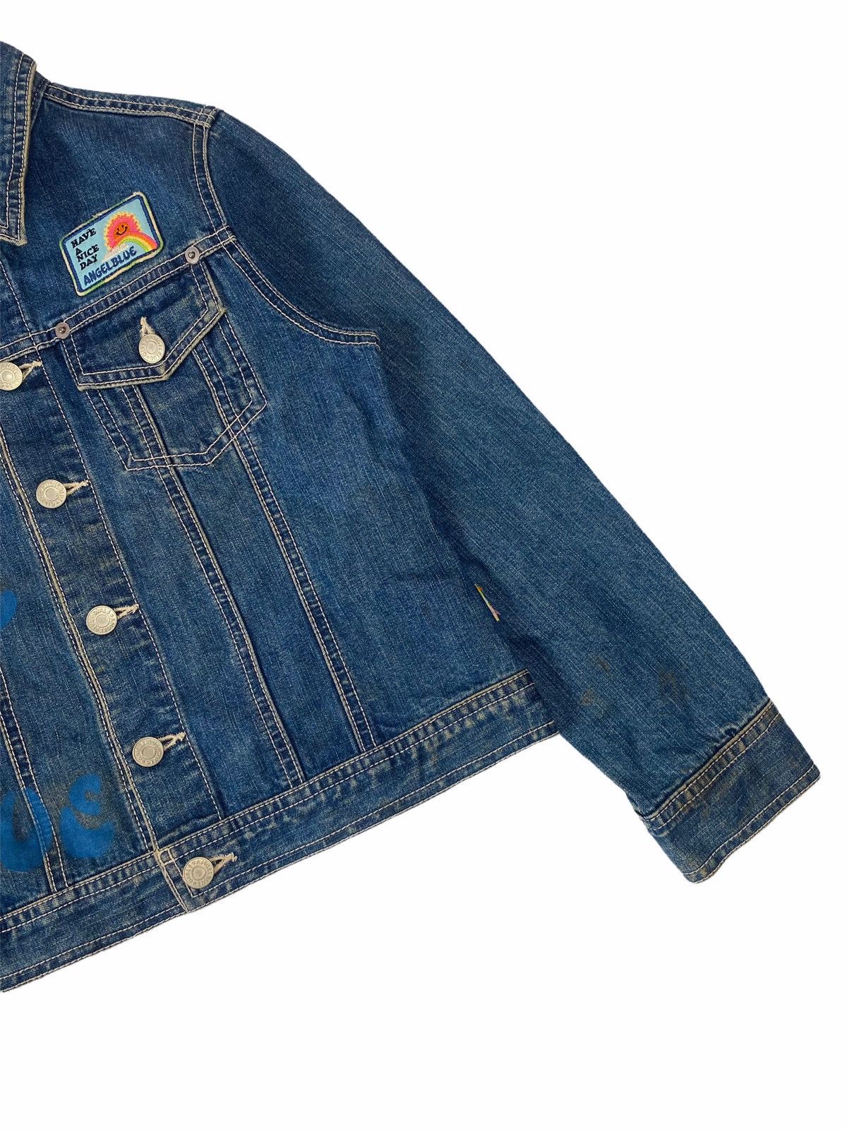 Japanese Brand 90s Angel Blue Printed Spray Apple Denim Jacket Size US XS / EU 42 / 0 - 5 Thumbnail
