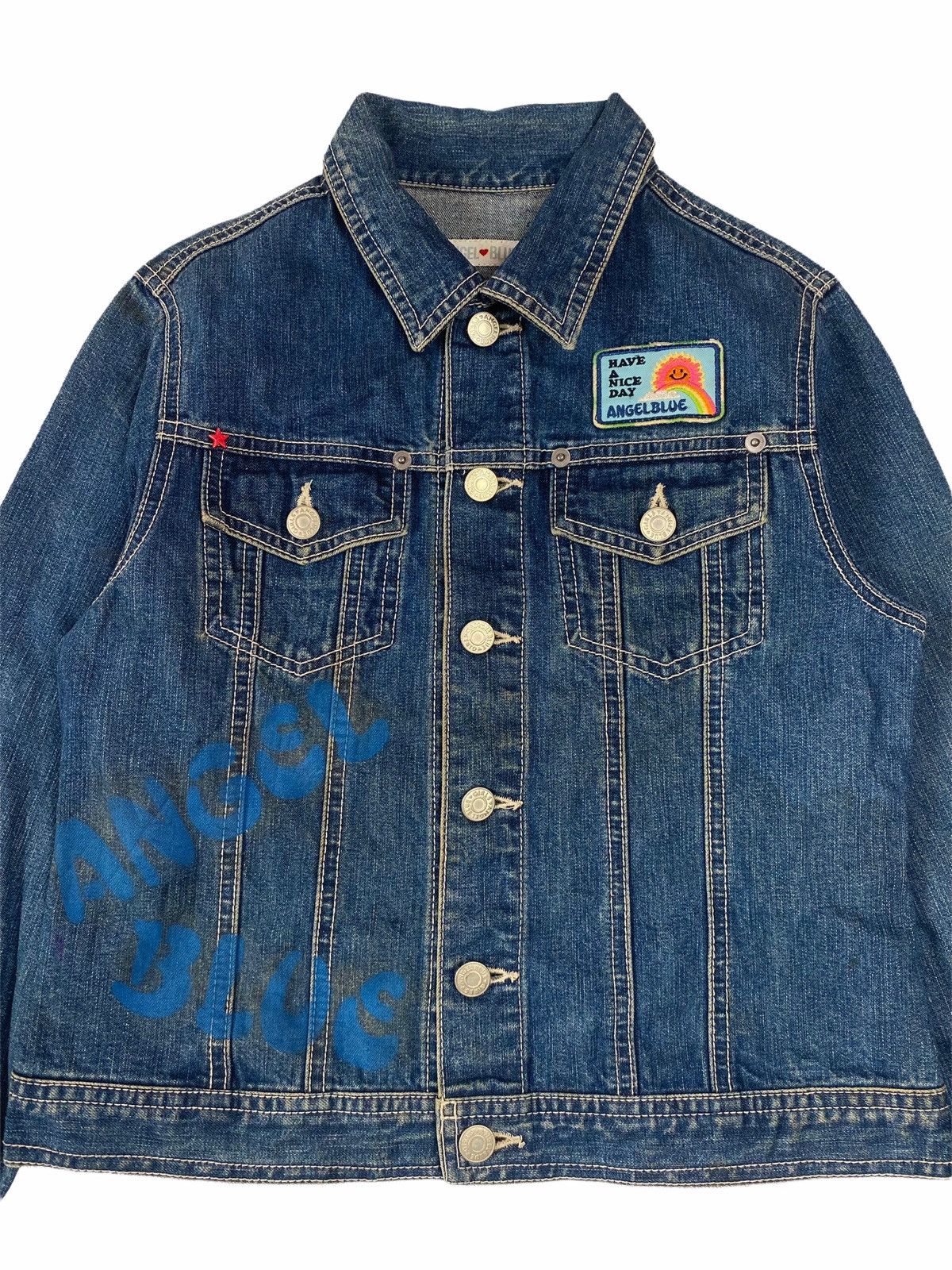 Japanese Brand 90s Angel Blue Printed Spray Apple Denim Jacket Size US XS / EU 42 / 0 - 4 Thumbnail