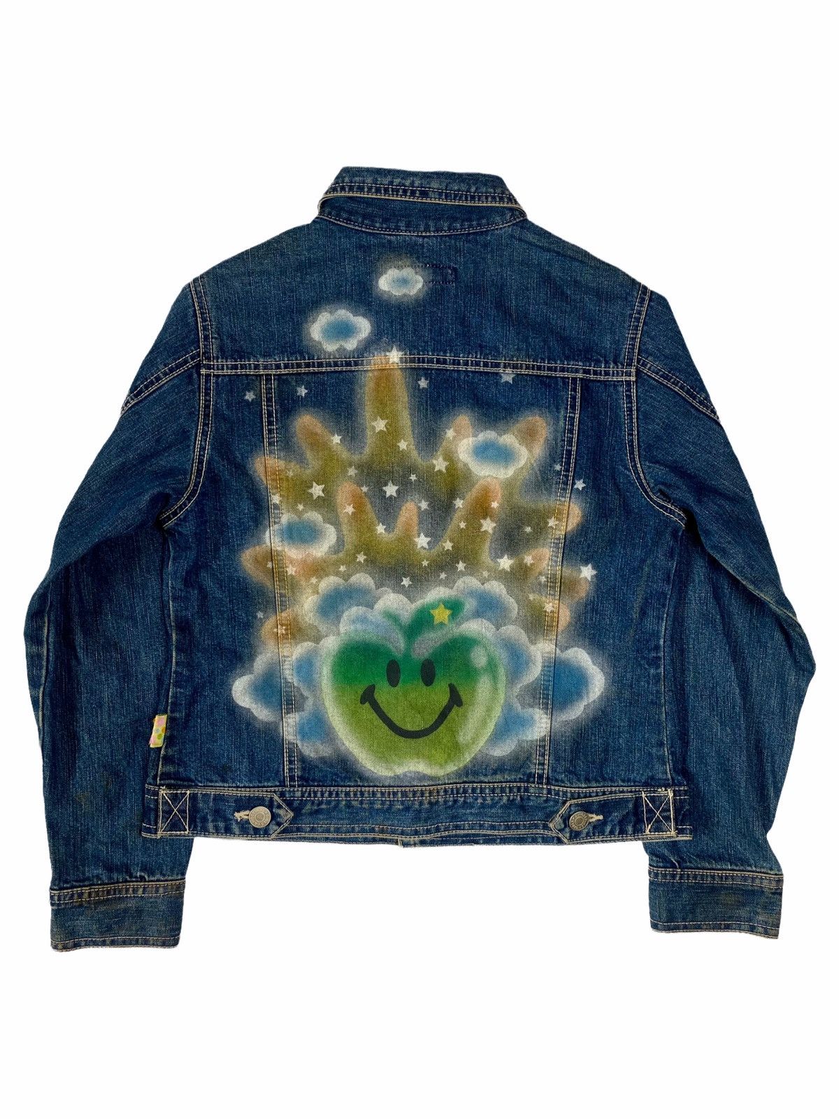 Japanese Brand 90s Angel Blue Printed Spray Apple Denim Jacket Size US XS / EU 42 / 0 - 1 Thumbnail