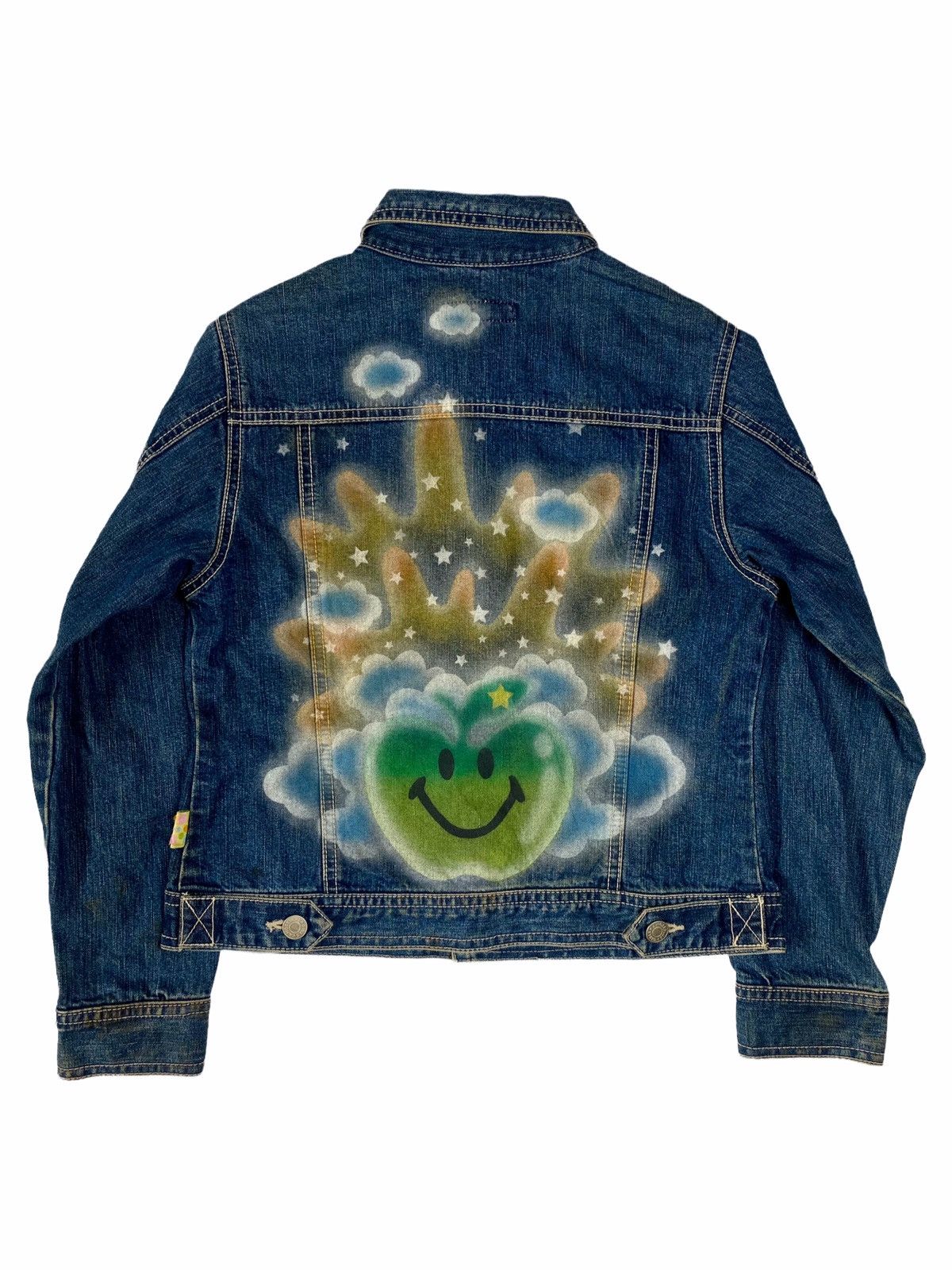 image of Vintage 90's Angel Blue Printed Spray Apple Denim Jacket, Men's (Size XS)