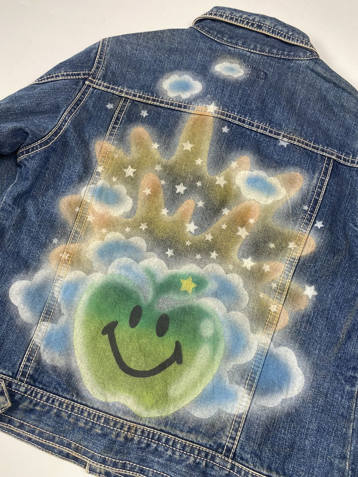 Japanese Brand 90s Angel Blue Printed Spray Apple Denim Jacket Size US XS / EU 42 / 0 - 10 Thumbnail