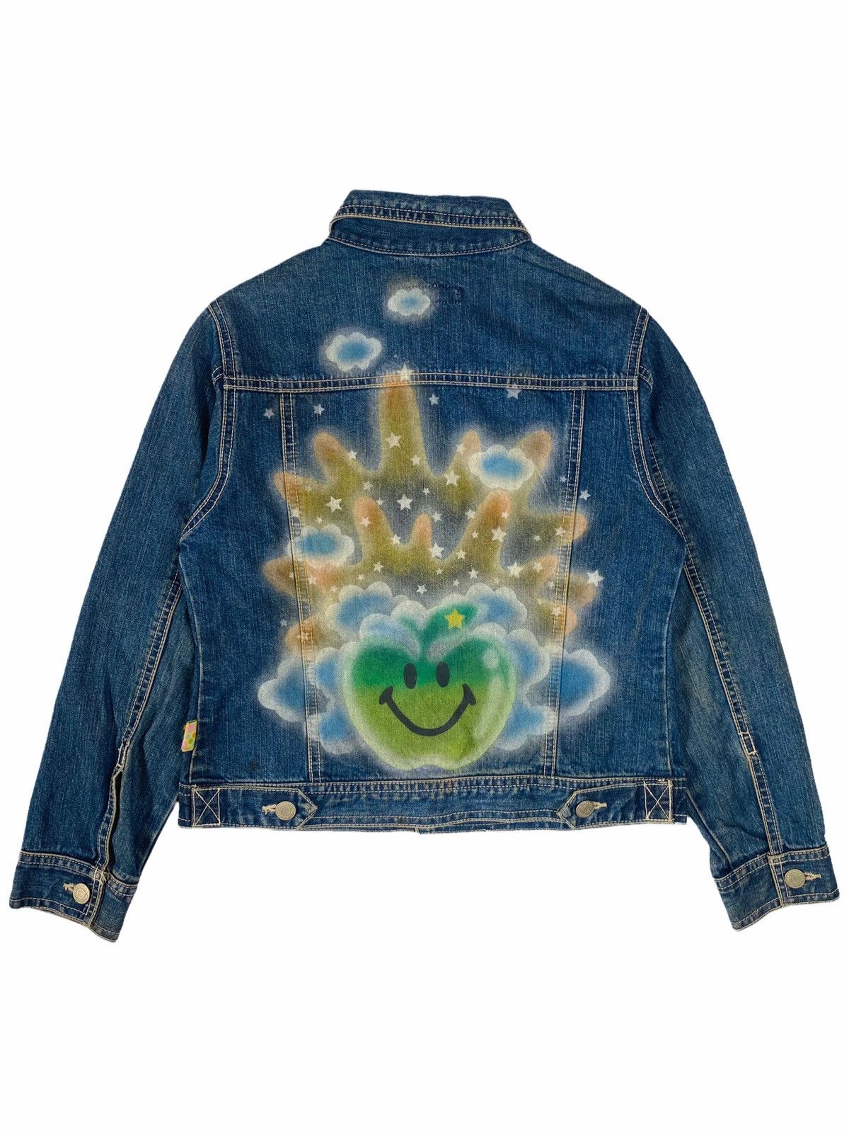 Japanese Brand 90s Angel Blue Printed Spray Apple Denim Jacket Size US XS / EU 42 / 0 - 7 Thumbnail