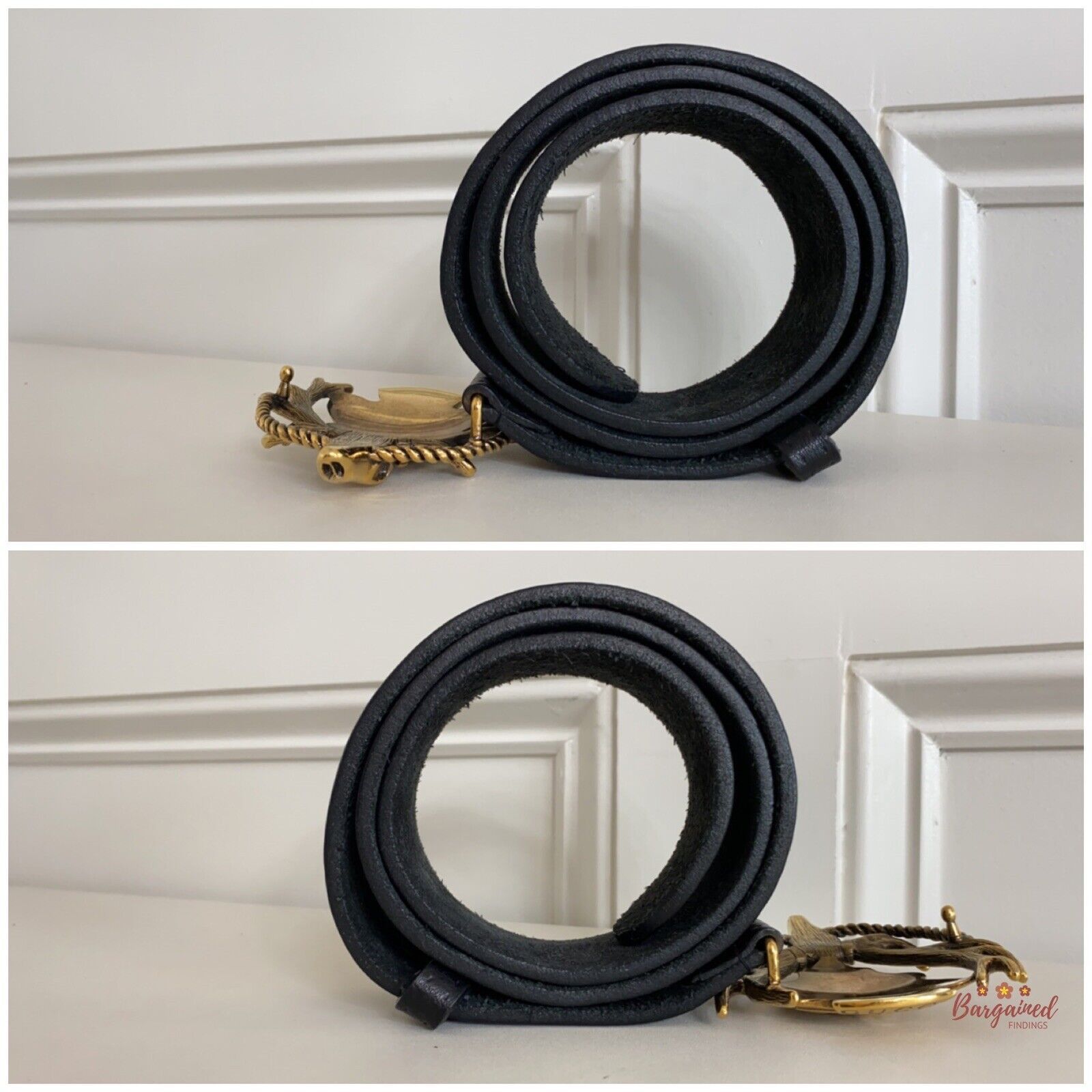 Gucci Gucci Black Calfskin Leather Gold Antler Crest Buckle Belt Size 34 - 7 Thumbnail