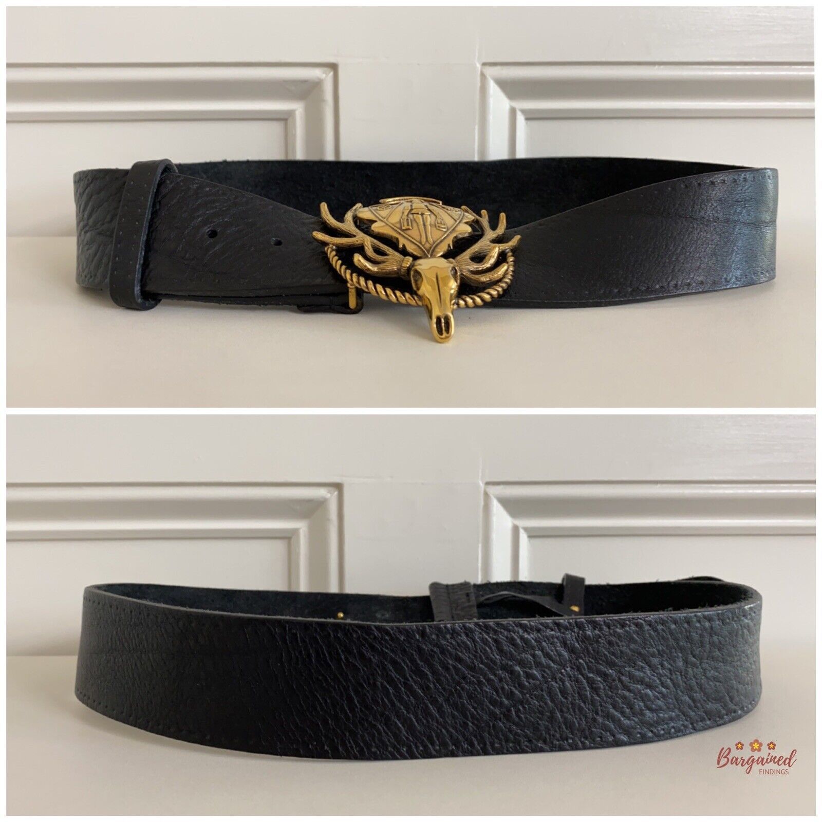Gucci Gucci Black Calfskin Leather Gold Antler Crest Buckle Belt Size 34 - 3 Thumbnail