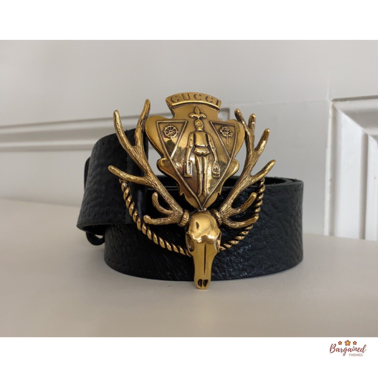 Gucci Gucci Black Calfskin Leather Gold Antler Crest Buckle Belt Size 34 - 1 Thumbnail