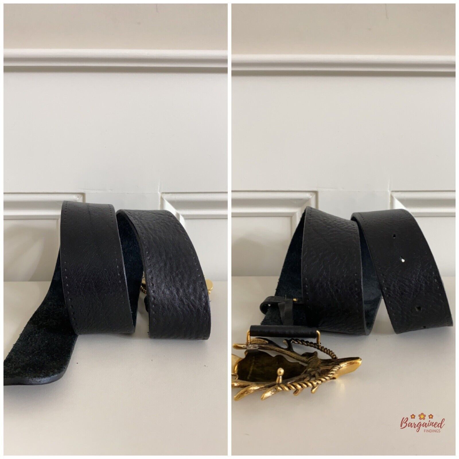 Gucci Gucci Black Calfskin Leather Gold Antler Crest Buckle Belt Size 34 - 6 Thumbnail