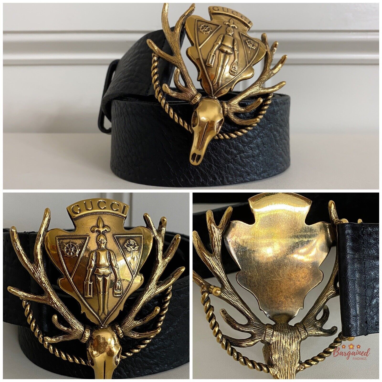 Gucci Gucci Black Calfskin Leather Gold Antler Crest Buckle Belt Size 34 - 2 Thumbnail