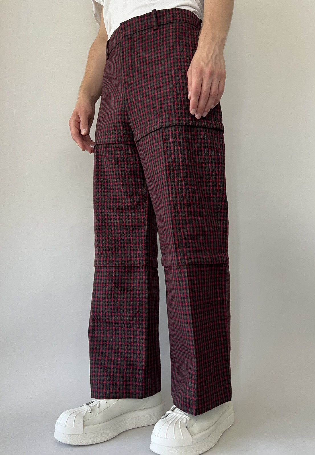 Pre-owned Balenciaga Zipped Tartan Trousers In Burgundy