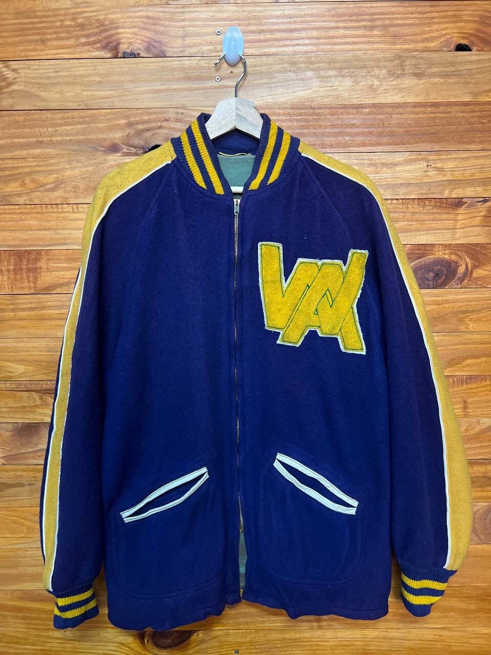 image of Cashmere Wool x Varsity Jacket Vintage Hutchers Embroidered Wool Varsity Jacket in Purple (Size Med