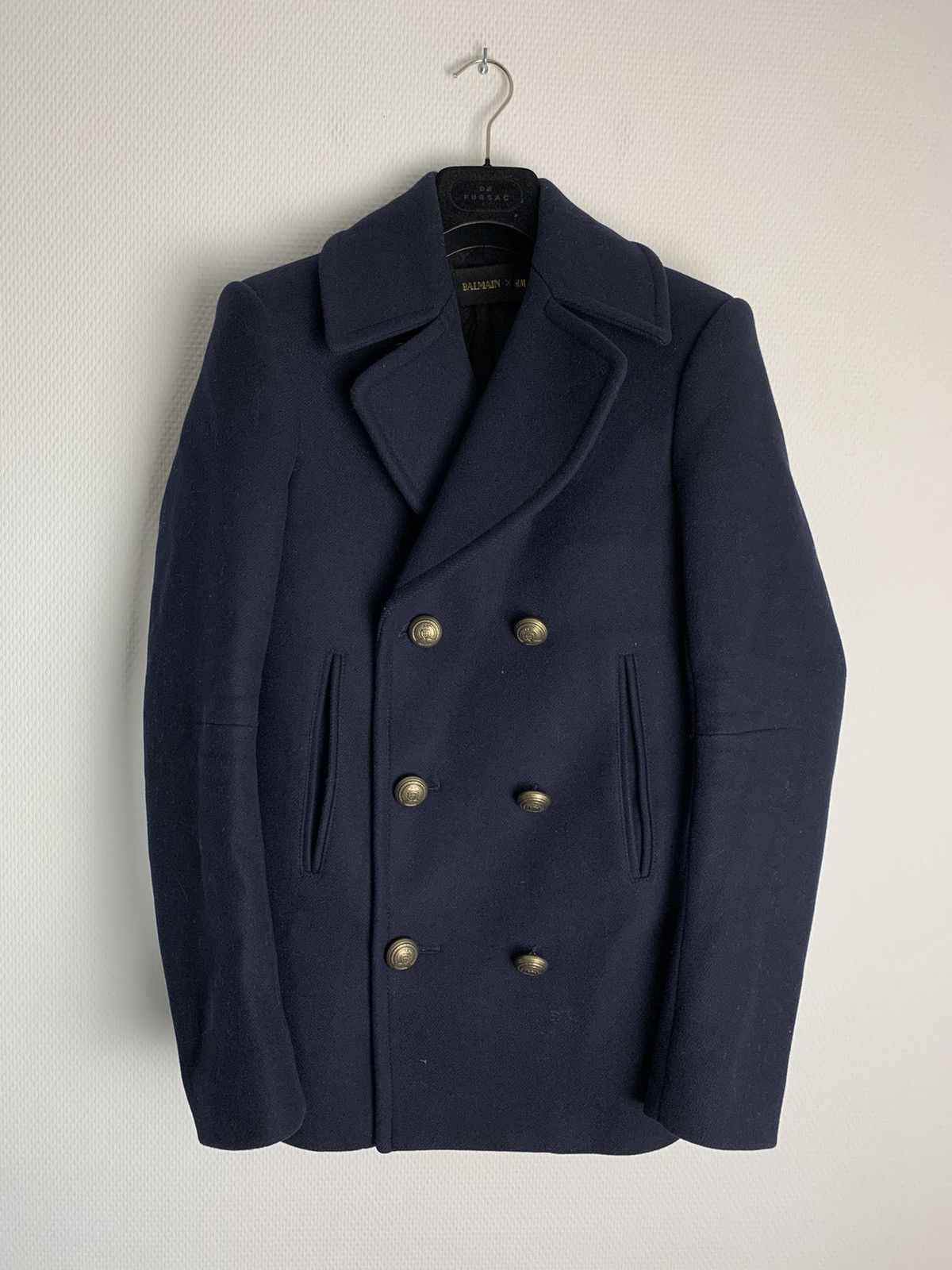 image of Balmain x Balmain x H&m Double Breasted Pea Coat Navy in Blue, Men's (Size Small)