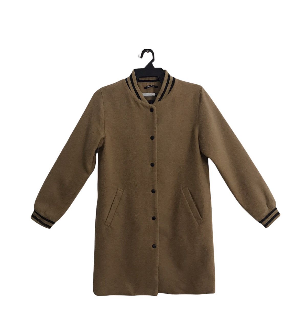 image of VTG One Way Long Varsity Jacket Snap Button Design in Brown, Men's (Size Small)