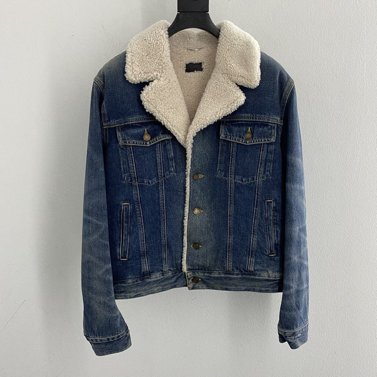 image of Saint Laurent Paris Saint Laurent Shearling Denim Jacket In Large, Men's