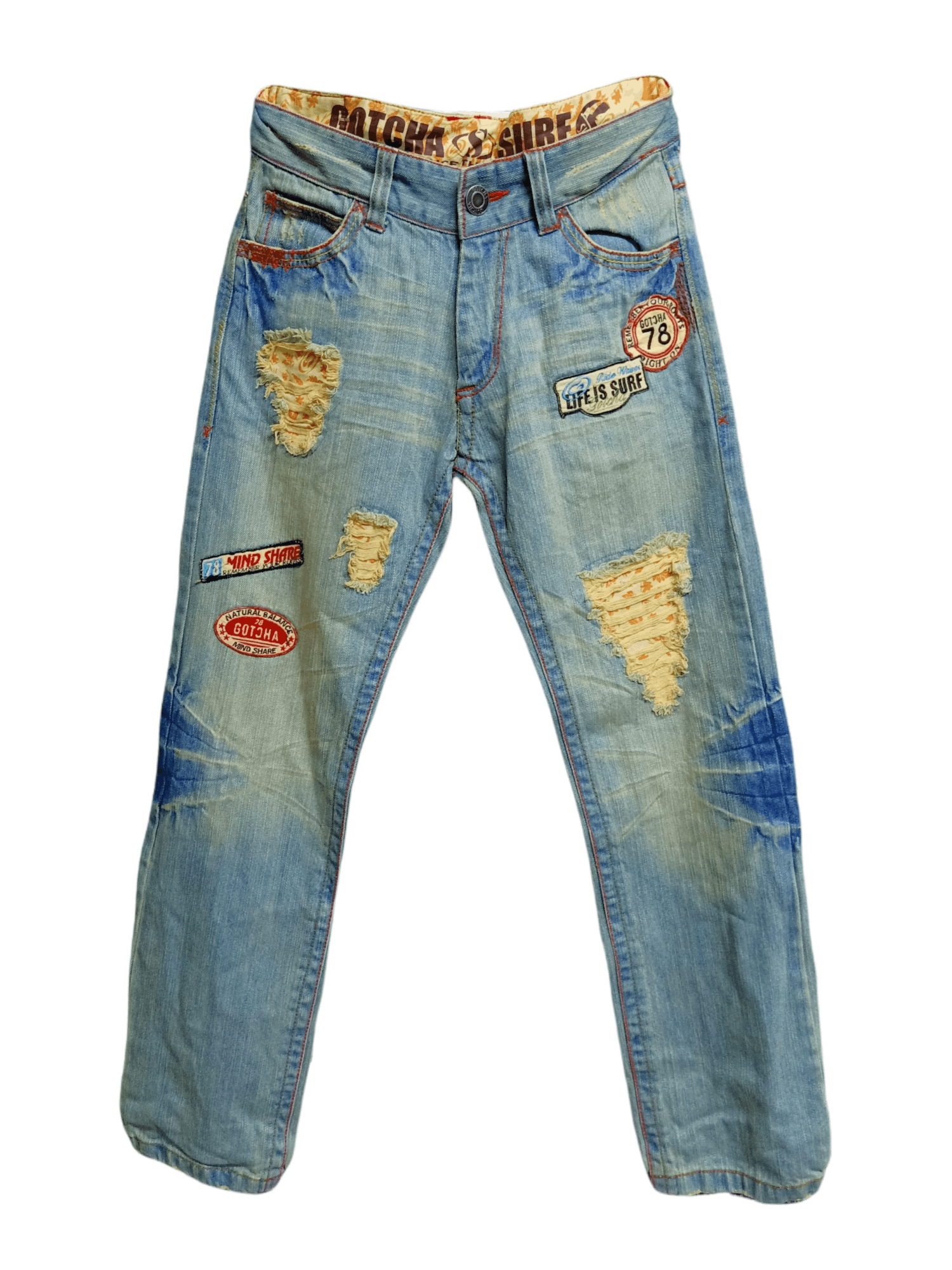 image of Distressed Denim x Gotcha Vintage Gotcha Surf Distressed Patches Jeans in Denim, Men's (Size 33)