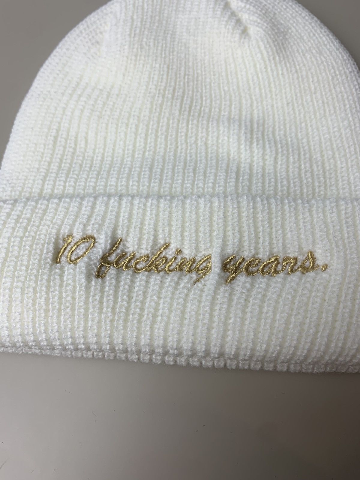 Fuck The Population FTP 10 Year Gold Patch Embroidered Beanie Hat White Size ONE SIZE - 4 Thumbnail