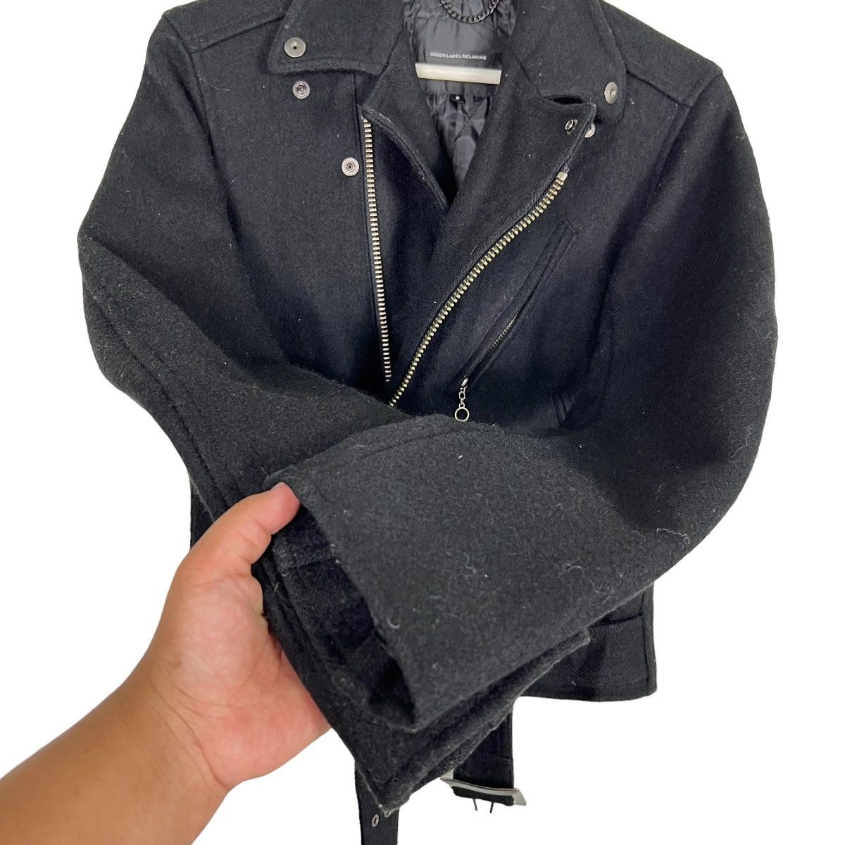 Japanese Brand 🔥 GREEN LABEL RELAXING WOOL DOUBLE COLAR RIDER MOTO JACKET Size US S / EU 44-46 / 1 - 8 Thumbnail