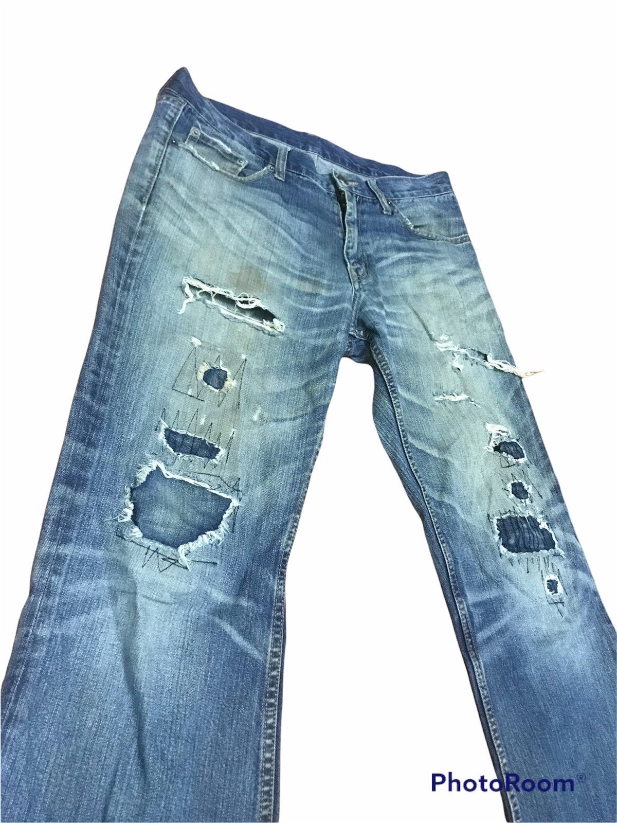 Japanese Brand “Vintage Distressed Flare Jeans – Faded Blue Ripped Denim” Size US 33 - 3 Thumbnail