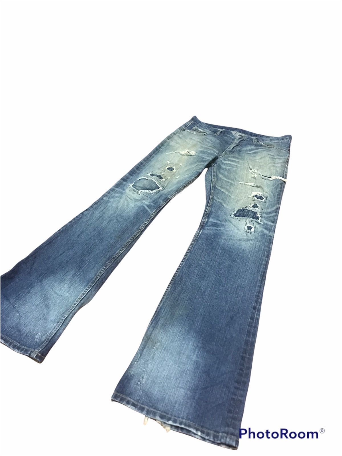 Japanese Brand “Vintage Distressed Flare Jeans – Faded Blue Ripped Denim” Size US 33 - 6 Thumbnail