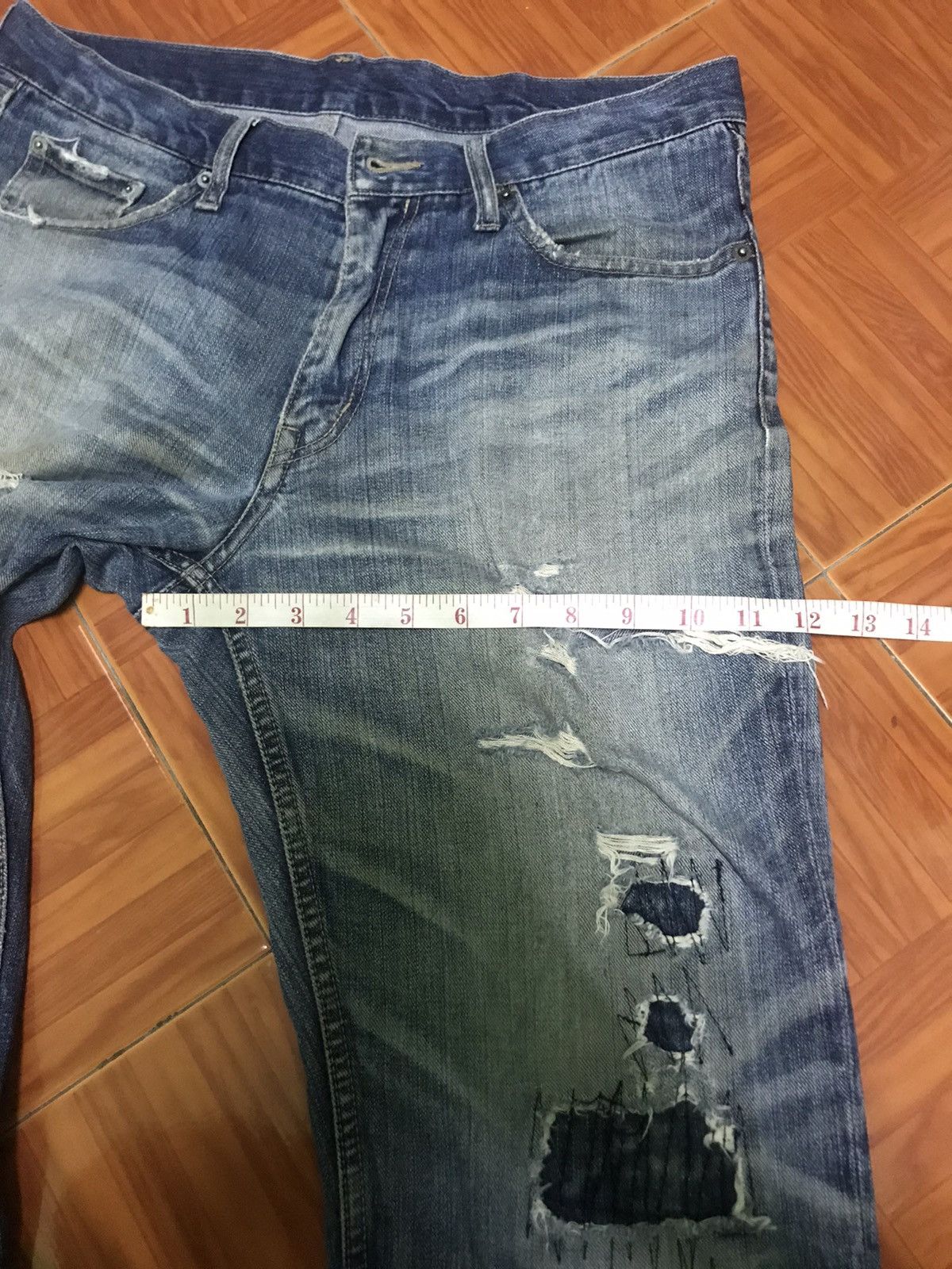 Japanese Brand “Vintage Distressed Flare Jeans – Faded Blue Ripped Denim” Size US 33 - 12 Thumbnail