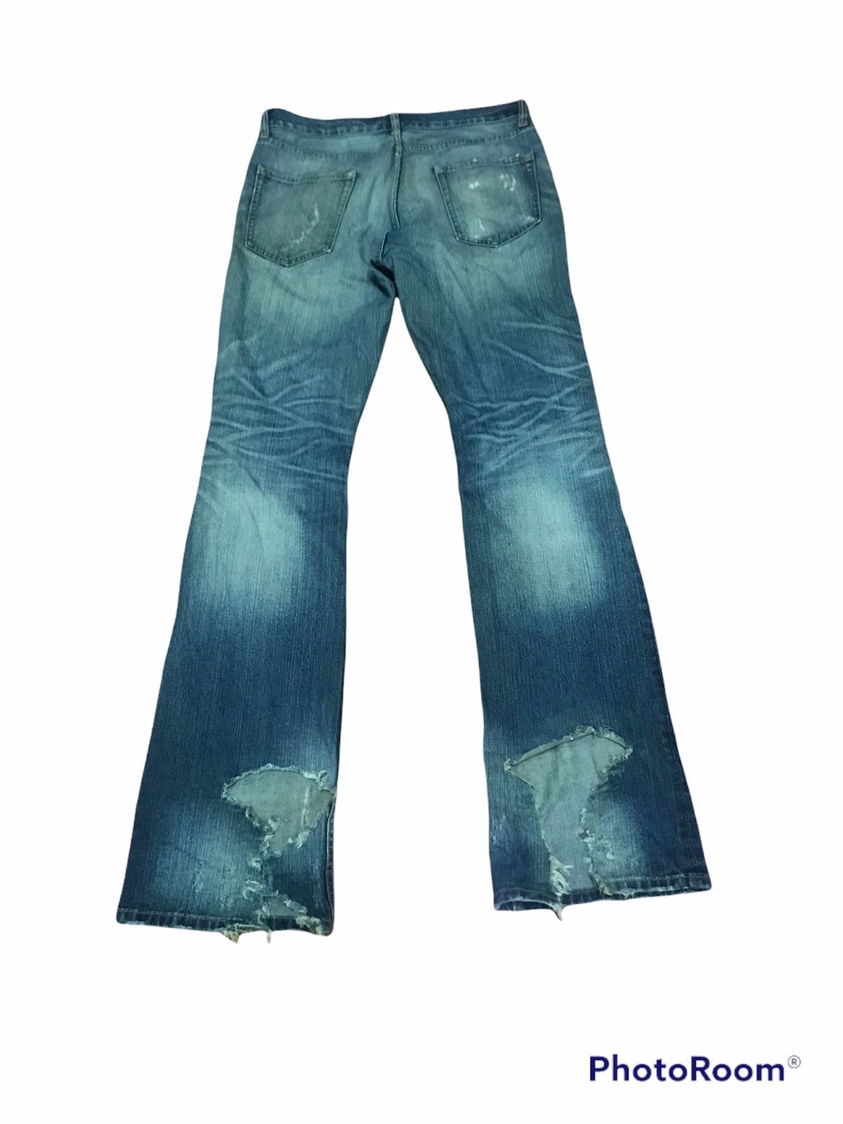 Japanese Brand “Vintage Distressed Flare Jeans – Faded Blue Ripped Denim” Size US 33 - 2 Thumbnail