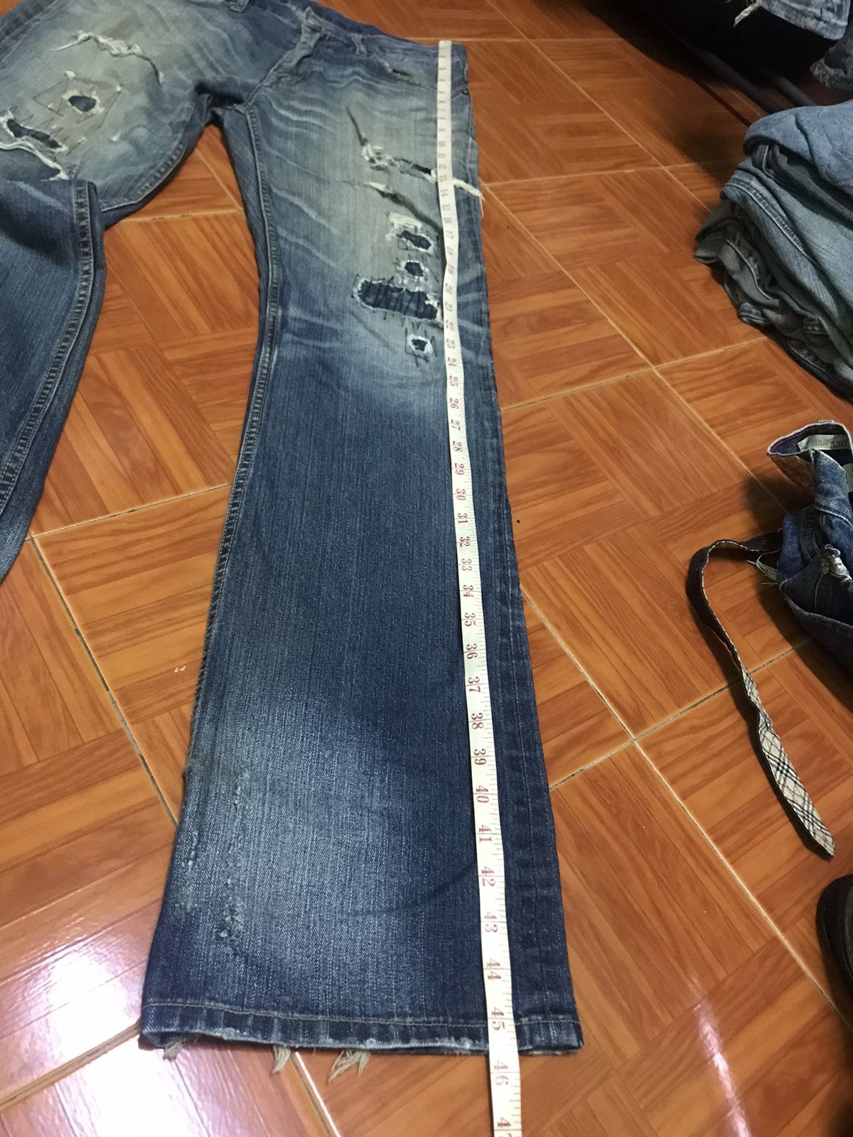 Japanese Brand “Vintage Distressed Flare Jeans – Faded Blue Ripped Denim” Size US 33 - 10 Thumbnail