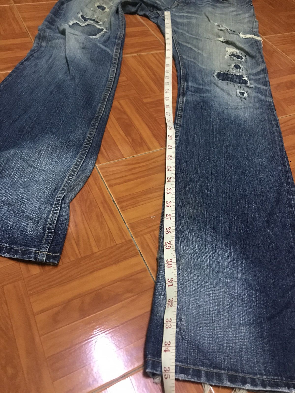 Japanese Brand “Vintage Distressed Flare Jeans – Faded Blue Ripped Denim” Size US 33 - 11 Thumbnail