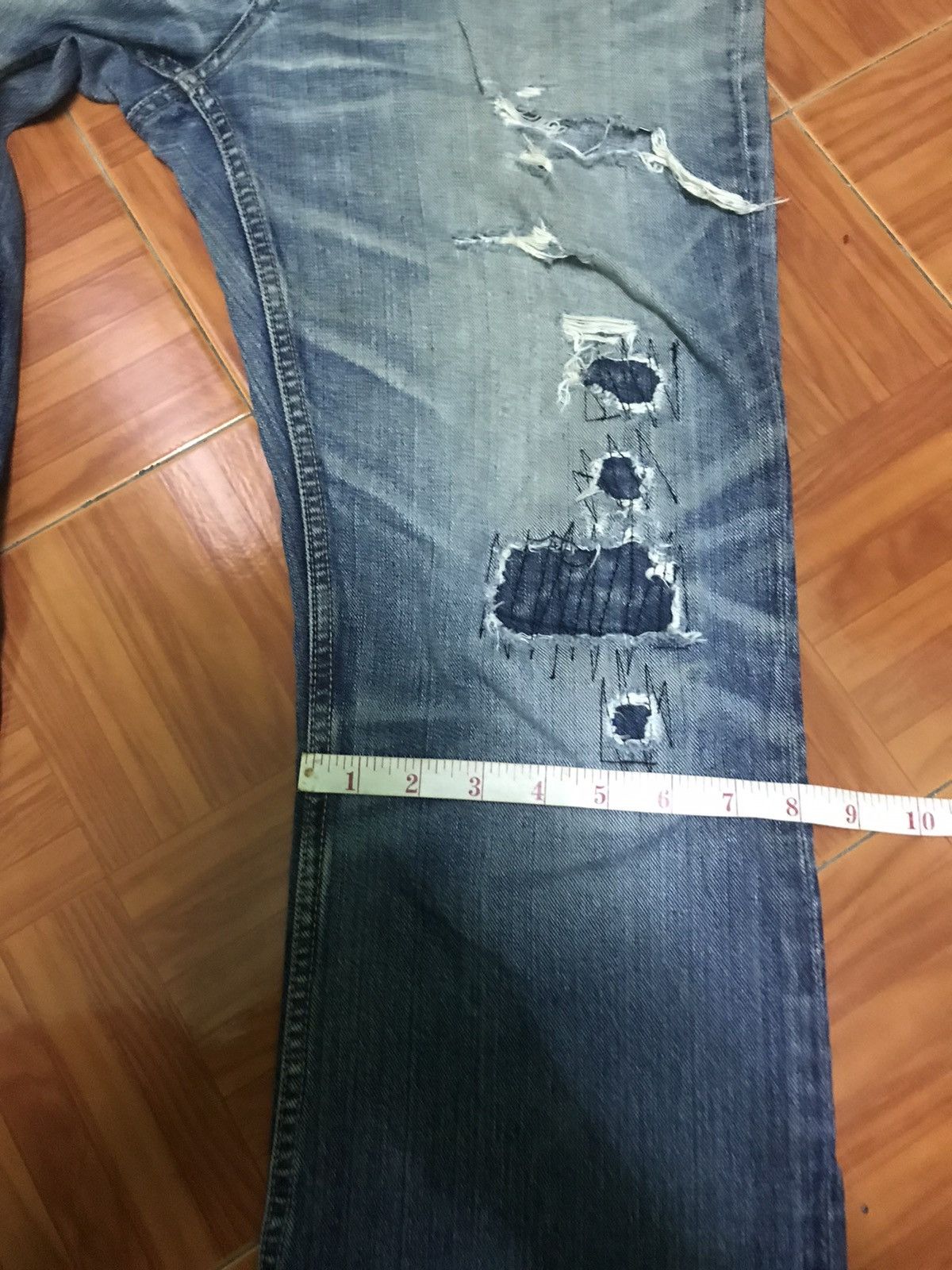 Japanese Brand “Vintage Distressed Flare Jeans – Faded Blue Ripped Denim” Size US 33 - 13 Thumbnail