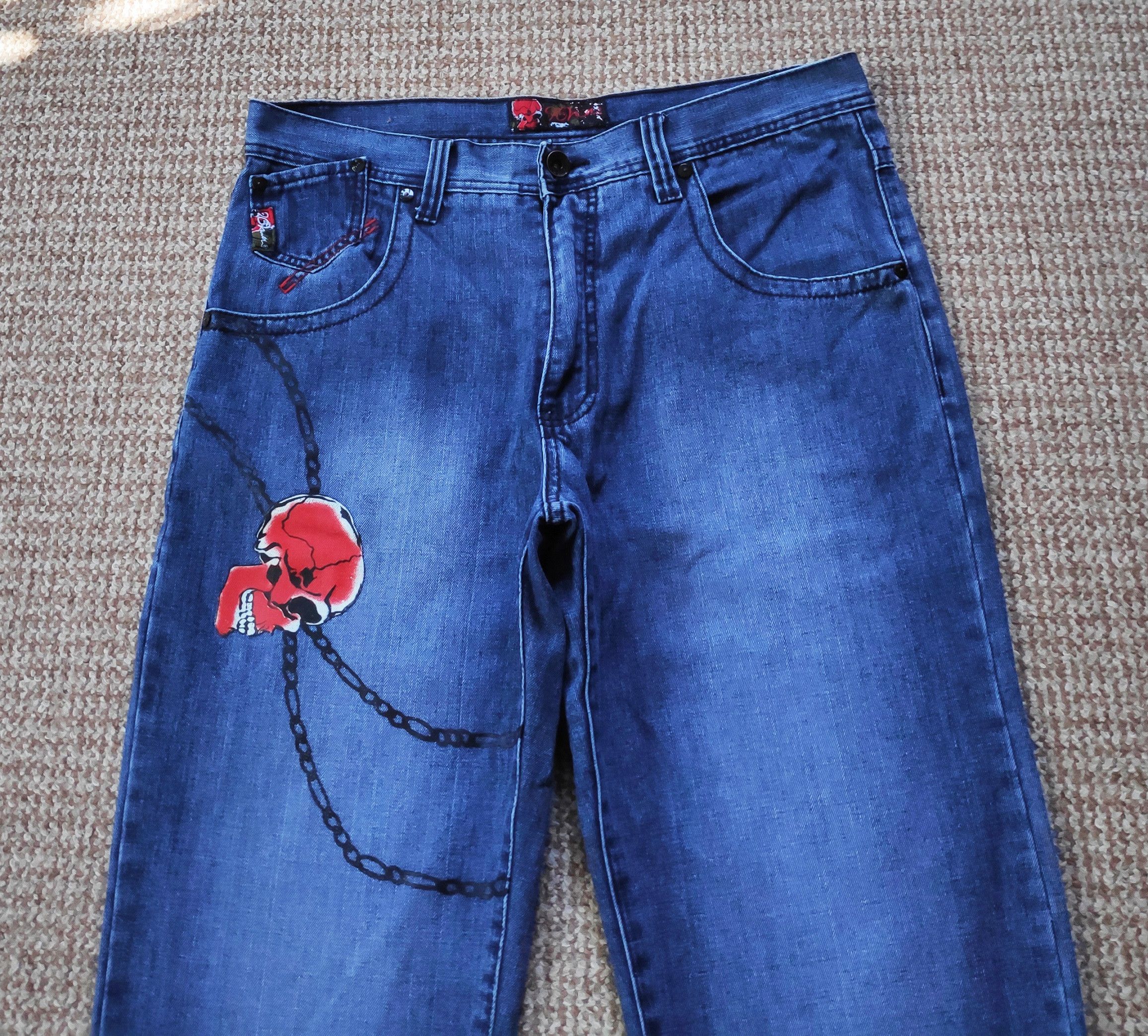 Vintage y2k 96North Biker Denim Jeans Skull Print wide size W36 L34 Size US 36 / EU 52 - 3 Thumbnail