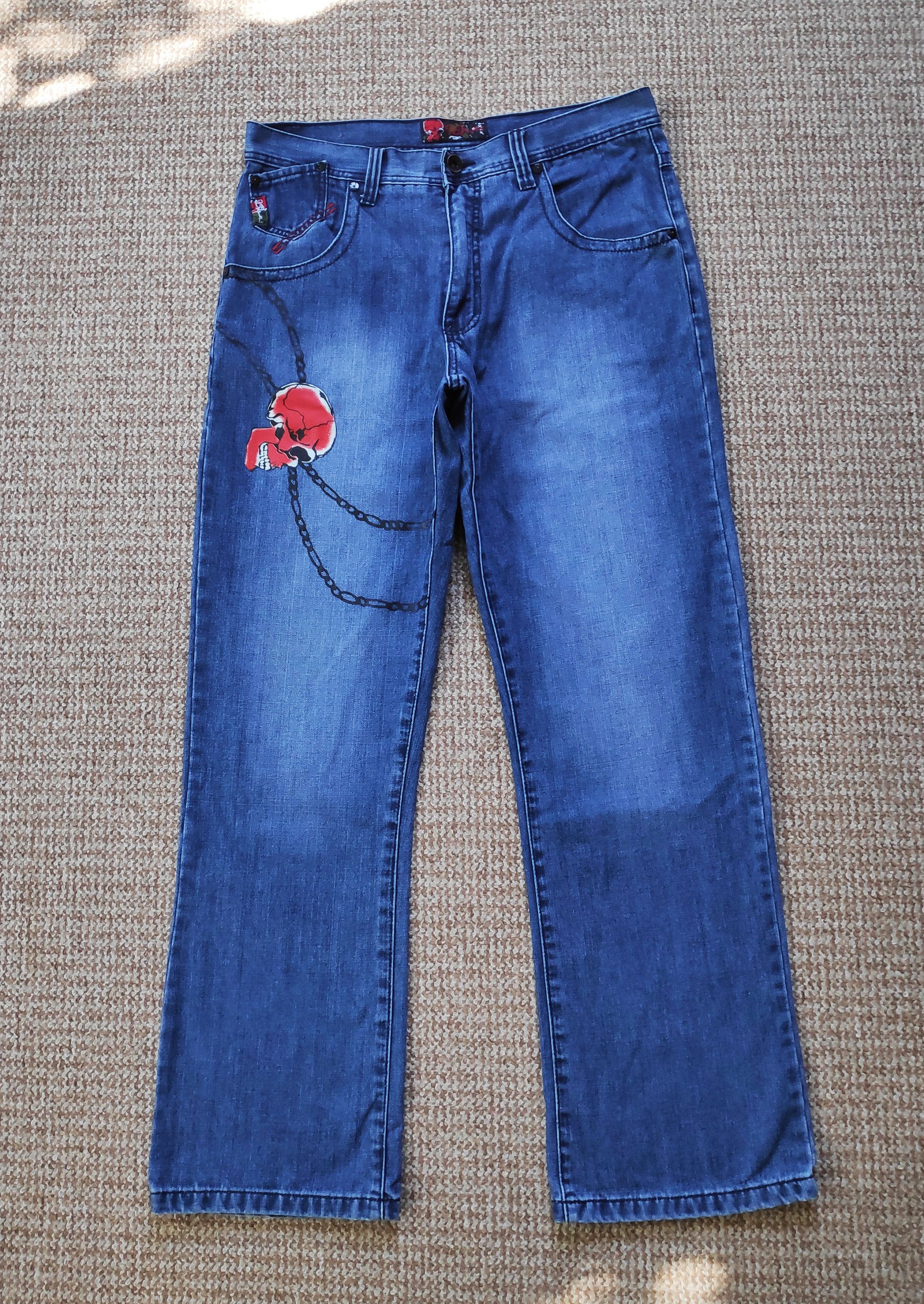 Vintage y2k 96North Biker Denim Jeans Skull Print wide size W36 L34 Size US 36 / EU 52 - 1 Thumbnail