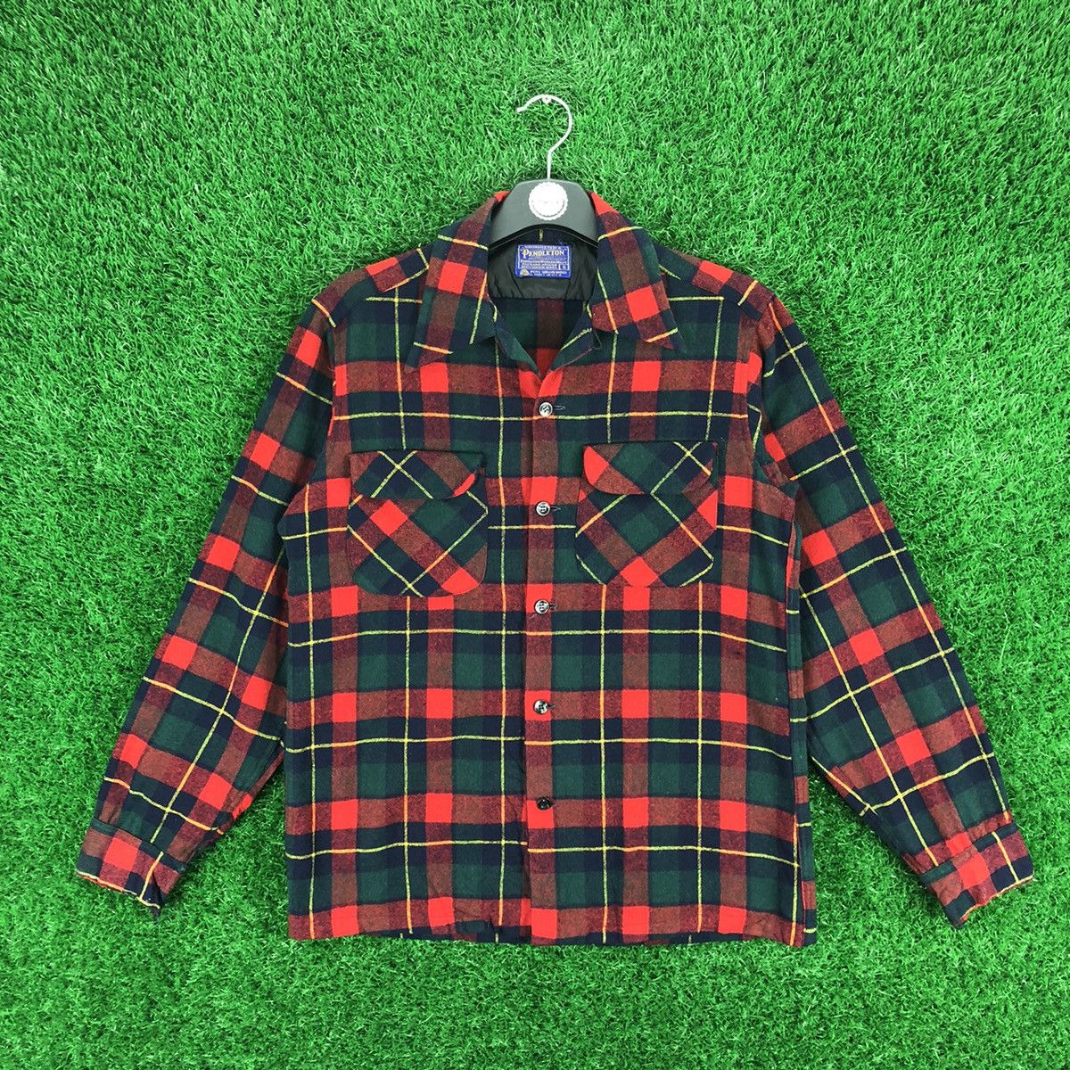 image of Vintage 50S Pendleton Wool Flannel Flap Pocket Loop Collar in Red Green Check, Men's (Size Medium)
