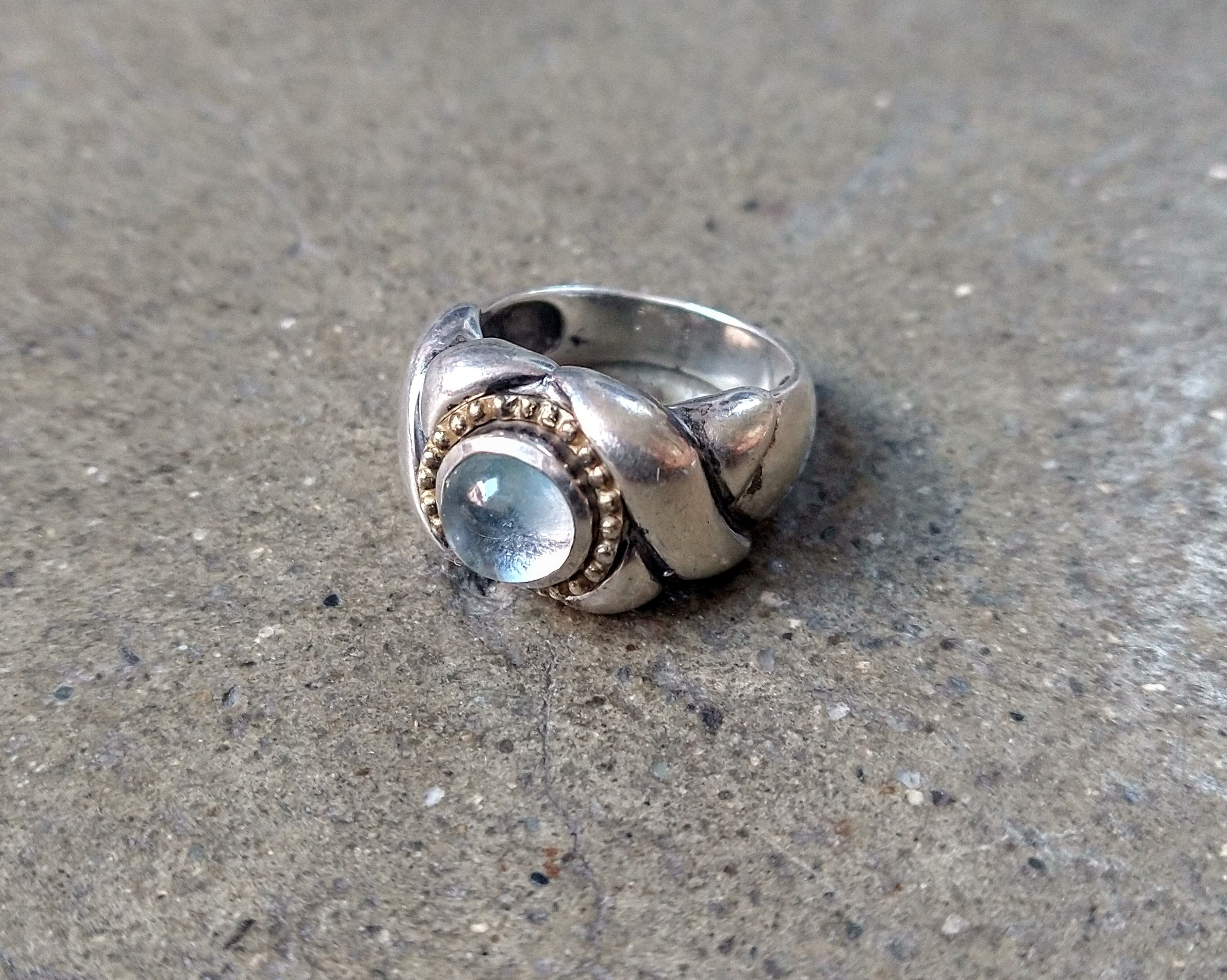 Vintage Sterling Silver Ring Size 8.75 Blue Glass Italy