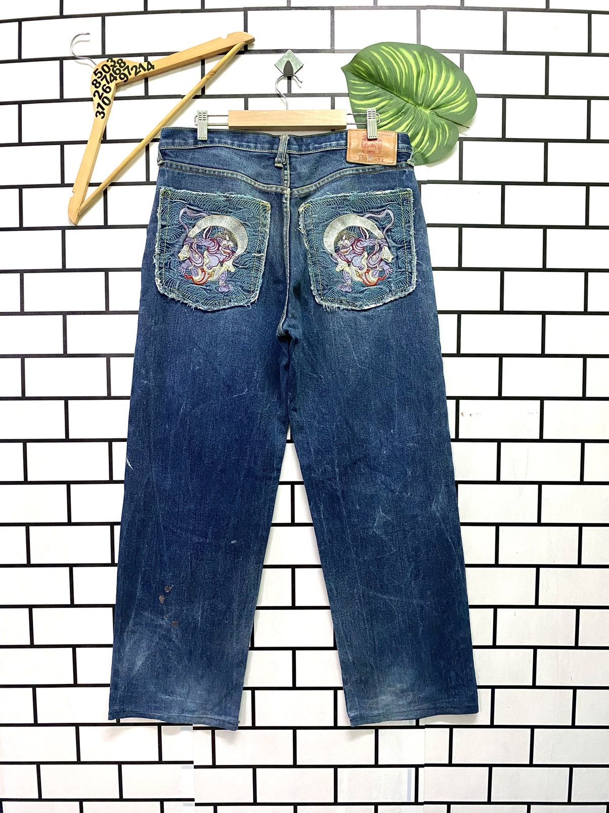 image of Distressed Denim x Red Monkey Company Vintage Red Monkey Company Embroidered Denim Jeans in Blue (S