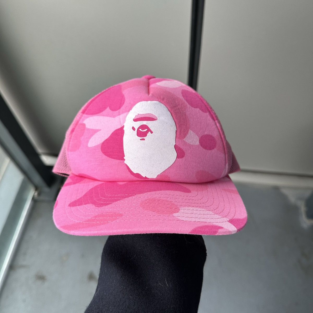 image of Bape Camo Ape Logo Trucker Hat in Pink Camo, Men's