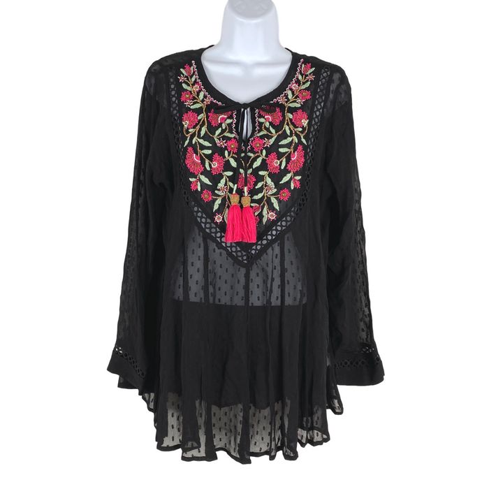 Vintage Soft Surroundings Top Medium Embroidered Beaded Black Tassel ...