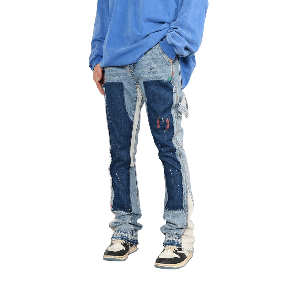 image of Paint Splatter Stacked Denim Jeans in Blue, Men's (Size 33)