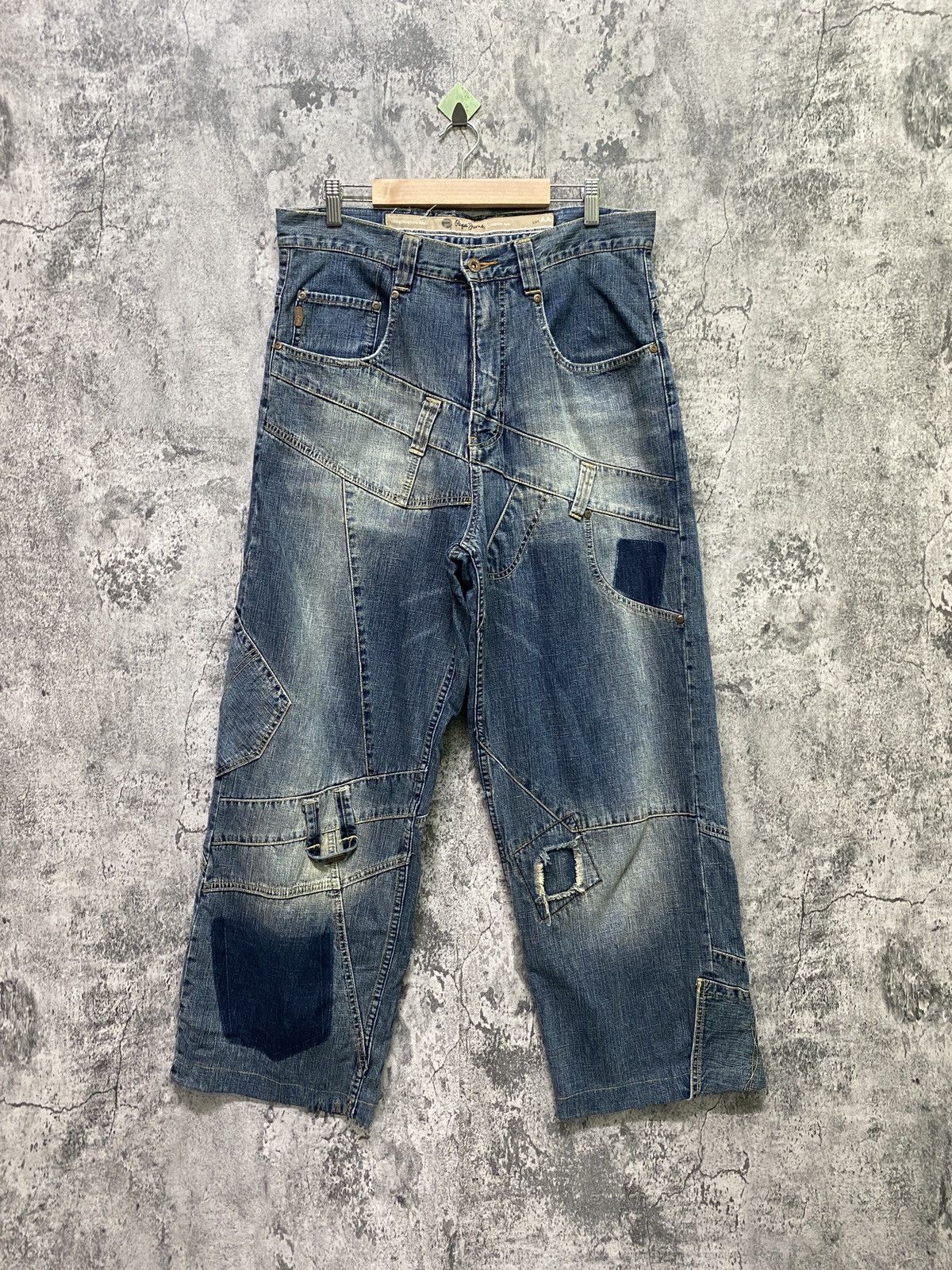 image of Pepe Jeans London Deconstructed Patches Size 33 Jeans in Blue, Men's